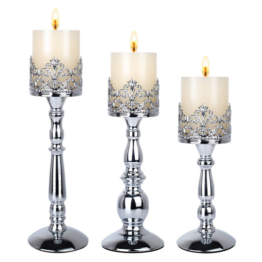 Candle Holders for Pillar Candles Set of 3 Silver Vintage Tall Candle Holders Decorative Large Table Centerpieces Candle Stand Decor