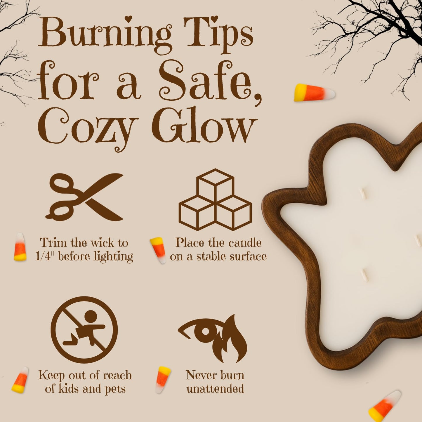 Dough Bowl Candle Co. Ghost Candles - 7x7x2in Halloween Candles, Wooden Fall Candle Decorations with Candy Corn Scent, Cute Fall Room Decor, 100% Soy Wax, Autumn Aesthetic with 35h Burn Time