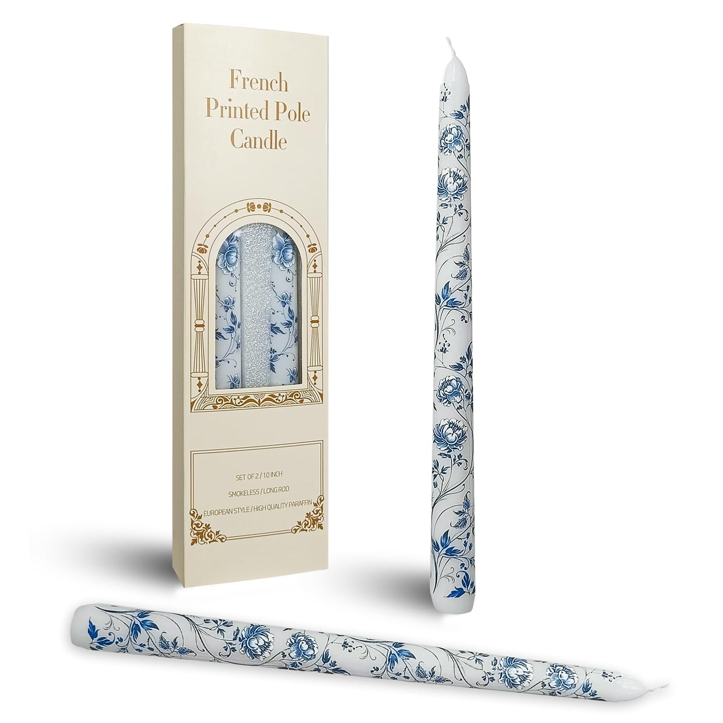 Chinoiserie Floral Candle Sticks 10 Inch Taper Candle Long Candlesticks Peony Printed Tapered Candles,Set of 2 for Home Wedding Holiday Party Decor