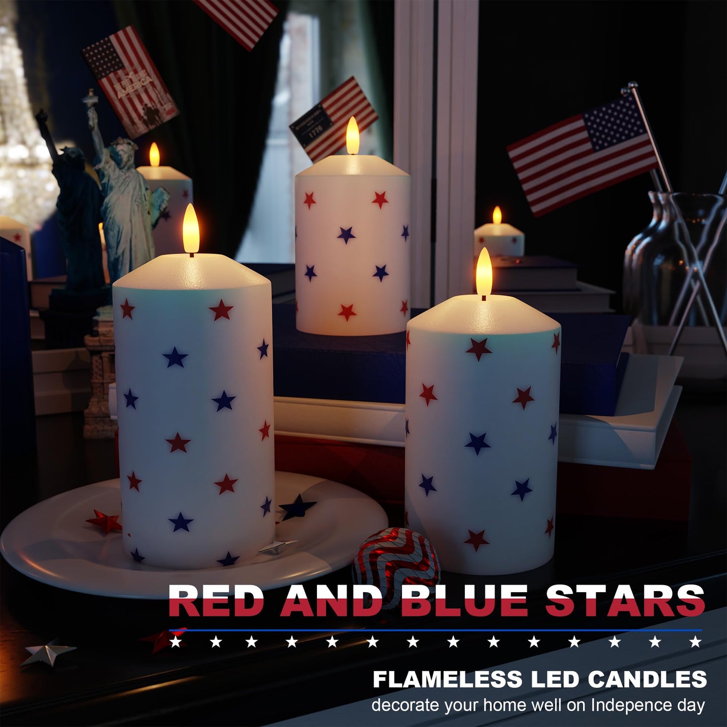 AFINETH Patriotic Red White and Blue Star Candles, Real Wax 4th of July Led Candles, Flickering Flameless Candles with Remote, Memorial Day Flameless Pillar Candles for Patriotic Holiday Decor