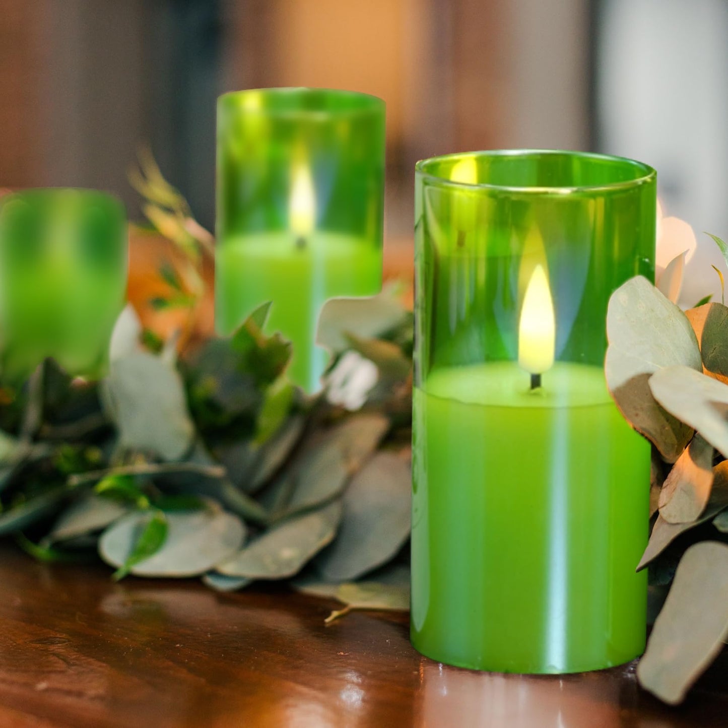Eywamage Green Glass Flameless Candles with Remote Batteries, LED Pillar Candles Flickering Spring Home Decor Set of 5