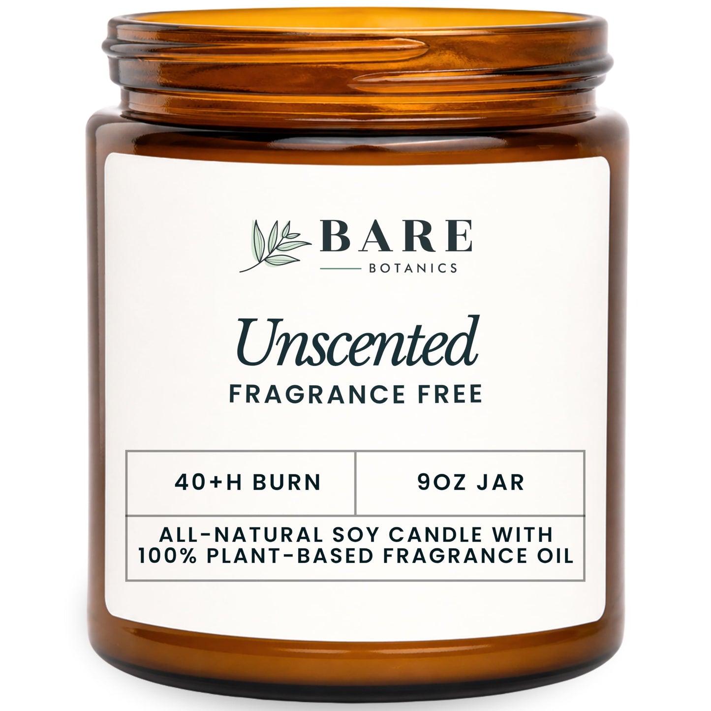 Bare Botanics Non-Toxic Unscented 9oz Soy Candle - 100% Plant-Based Fragrance Oils - Handpoured in WI - 40+ Hrs
