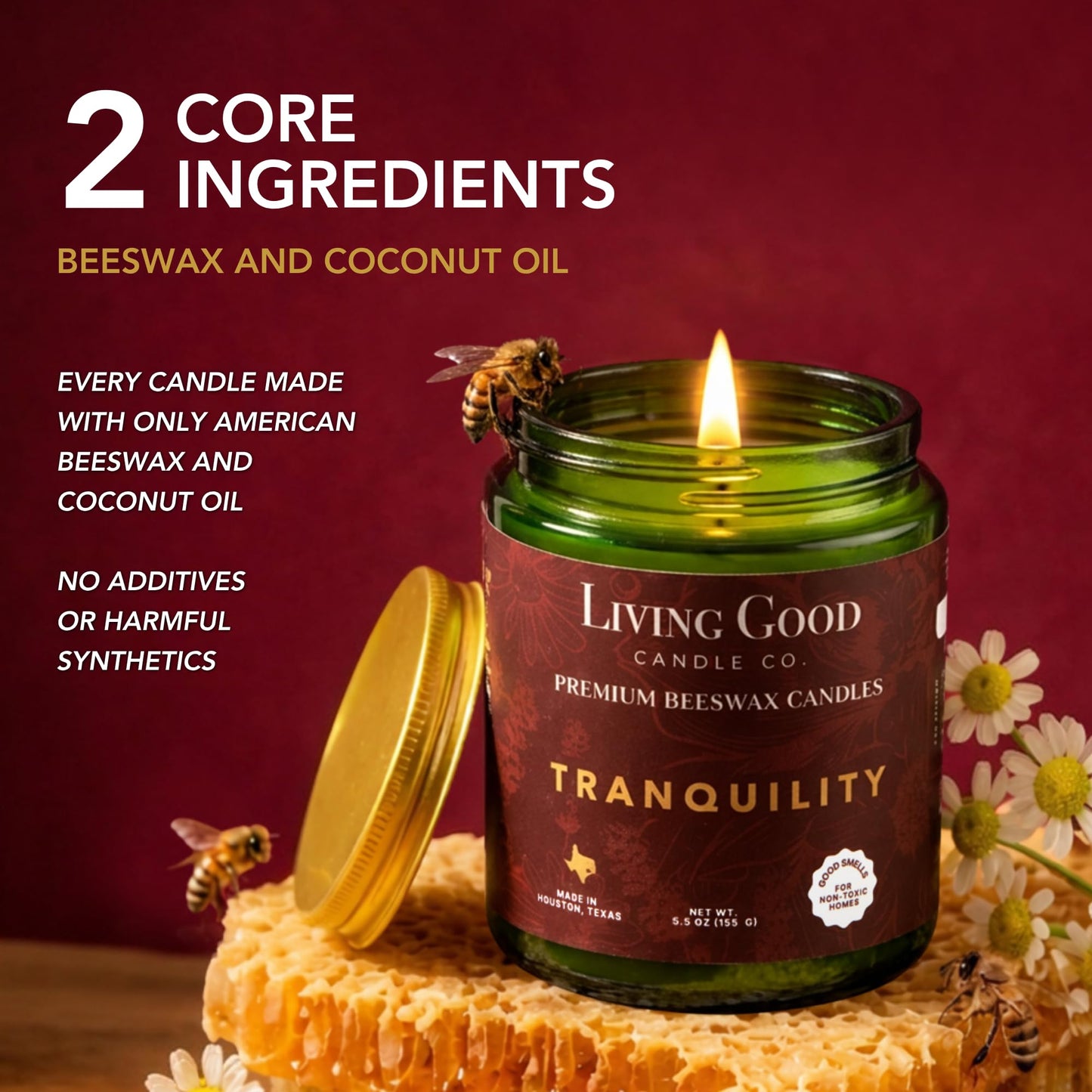 Tranquility – Chamomile & Lavender Essential Oils Beeswax Candle, Non Toxic Scented Candle, Clean Burning Aromatherapy Candle for Relaxation & Sleep, Gift for Busy Moms & Women - 5.5 OZ
