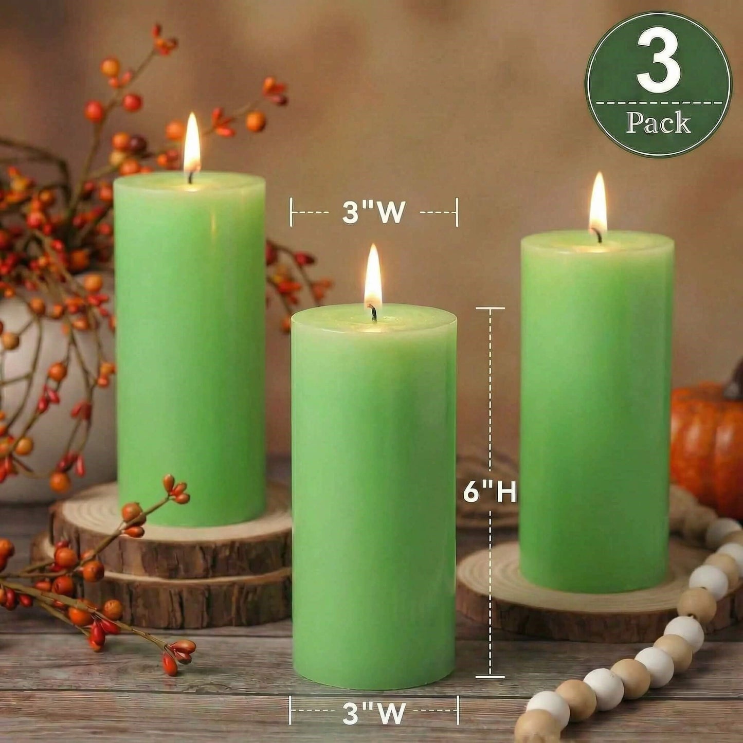 Richland Set of 3 Light Green Pillar Candles 3" x 6" Unscented for Weddings Home Holidays Relaxation Spa Church