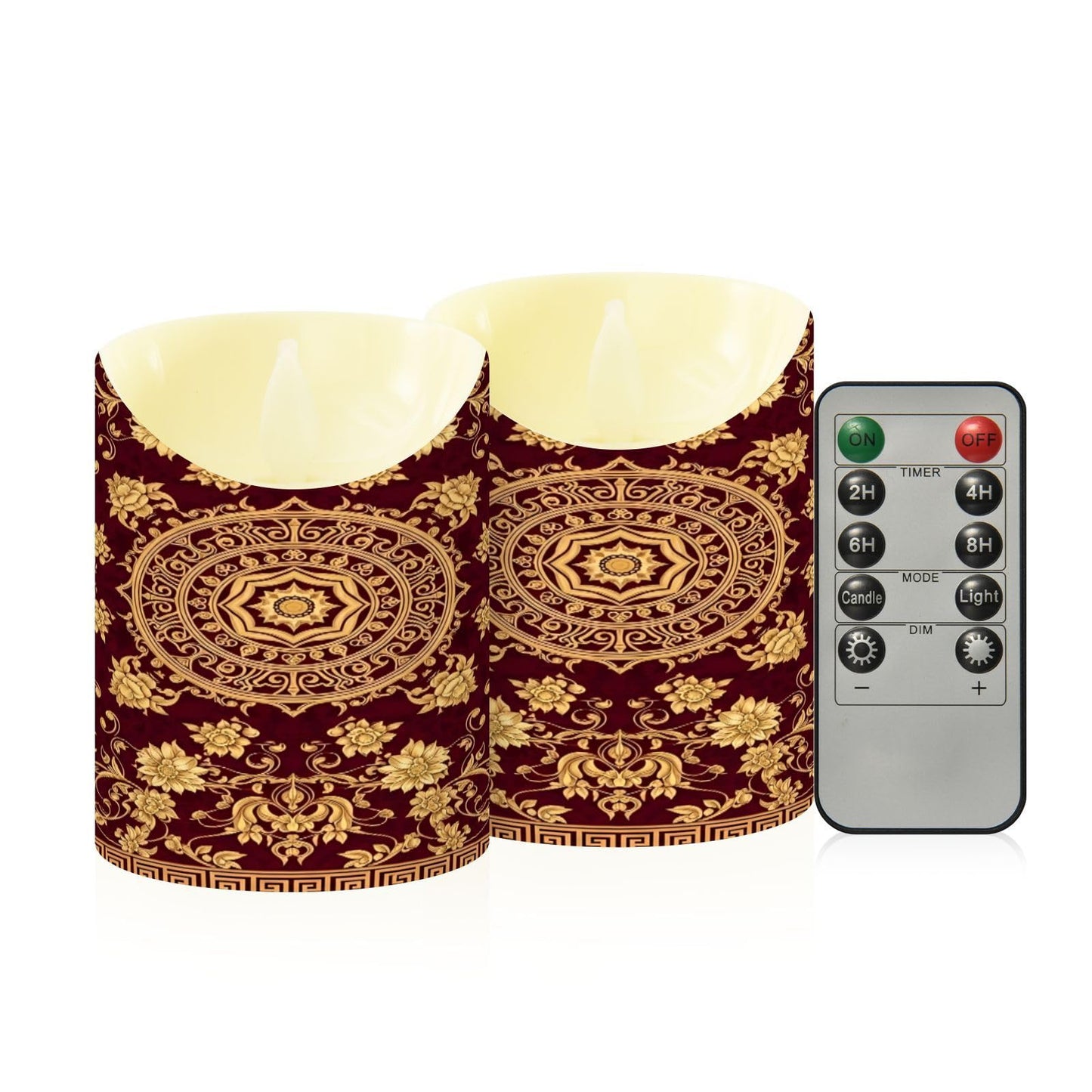 Gravopti Gold Floral Mandala 2 Pack Flameless LED Pillar Candles with Remote & Timer, Battery Operated, Flickering Wax Candle for Wedding, Romantic Home & Party Decor