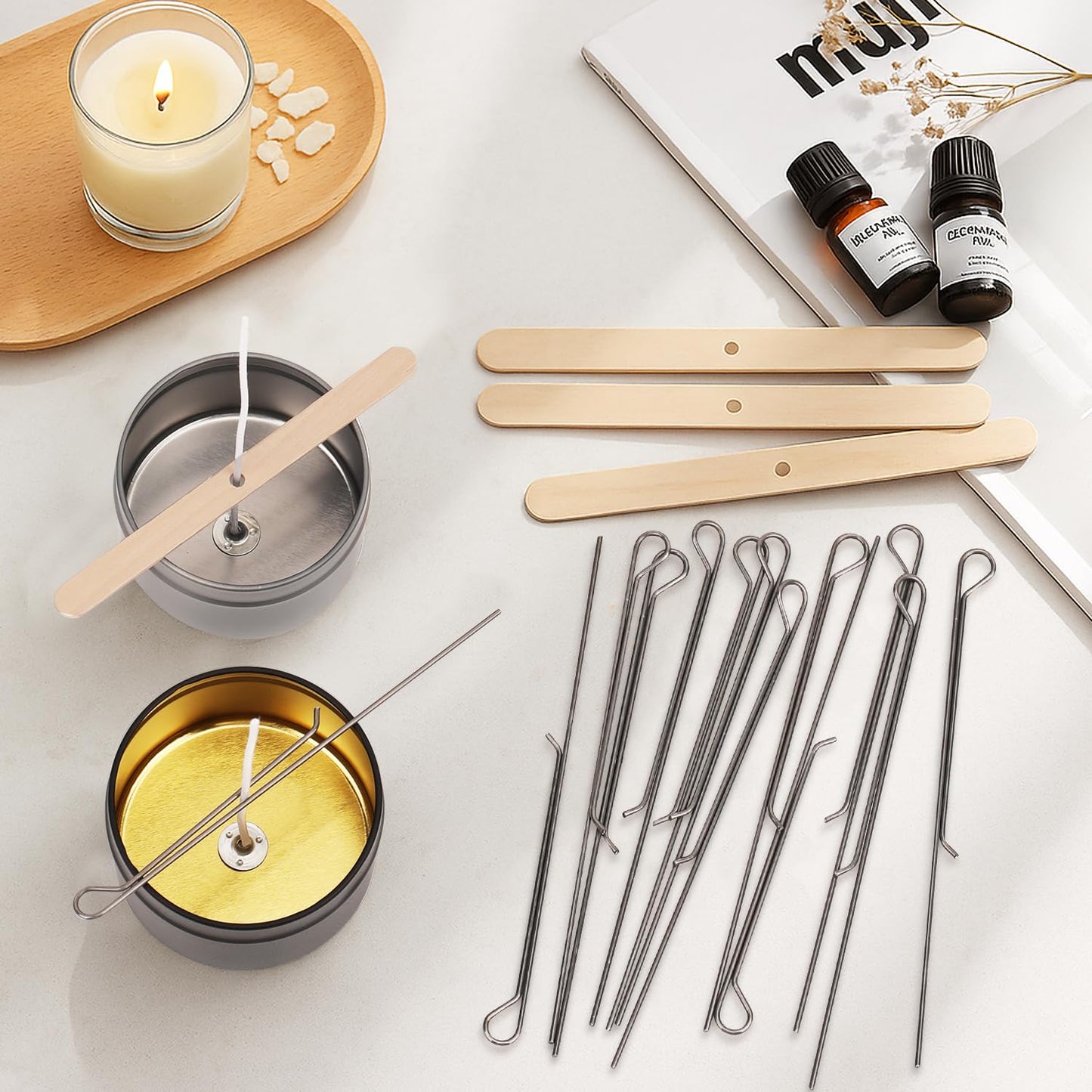 BlingFun Candle Making Supplies Kit - Natural Cotton & Wooden Wicks with Stickers, Sustainers, Holders for Soy Wax, Beeswax, Coconut Wax DIY Candle Making Supplies (Pack of 6)