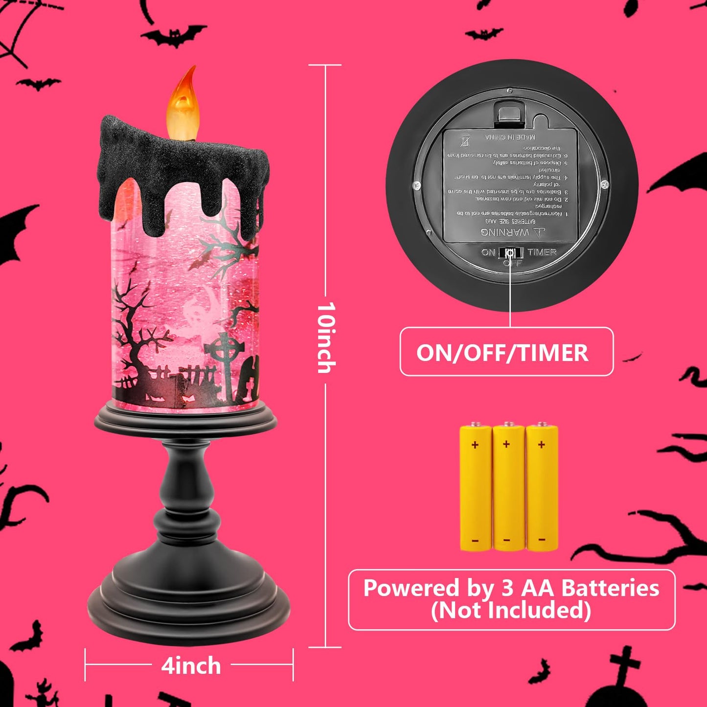 Halloween Snow Globe Candle with Pink Graveyard Scene – LED Flameless Candle with Water Glitter Swirls, Battery Operated Light Up Halloween Decoration for Indoor Tabletop or Mantel