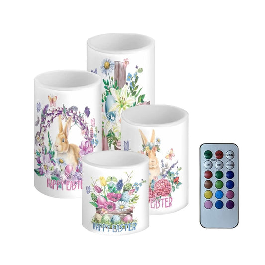 NETILGEN Happy Easter Flameless LED Candles Electric Candles with Remote Timer Colorful Light Control Long Lasting for Easter Day Decorations Pack of 4, Bunny Flower Butterfly Wreath, White