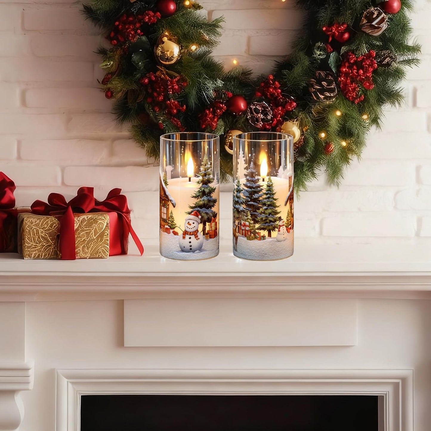 KunSween Christmas Candles with Remote Timer, Set of 2 LED Glass Flameless Candles Battery Operated with Cedar, Snowman, Reindeer, Snowy House Decals for Holiday Winter Party Home Decor(D6” x H3”)
