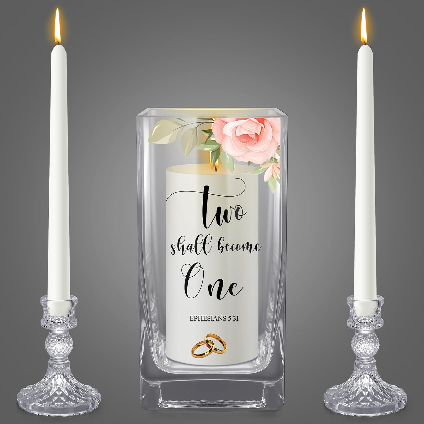 FoldTier Unity Candles with Holder for Wedding Ceremony Set 1 6" Pillar 2 9.8'' Taper Candles 3 Candlestick for Religious Formal Events Church(Flower)