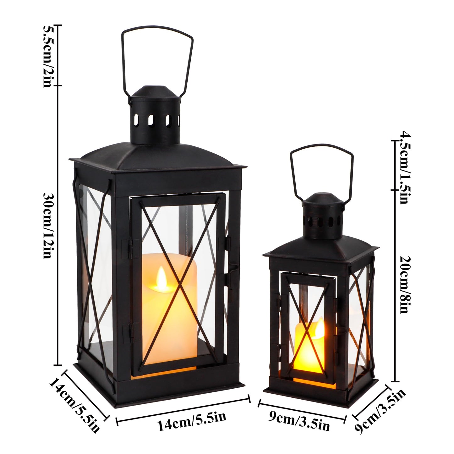 TRIROCKS Set of 2 Decorative Candle Lantern 12'' & 8'' High Metal Candle Holder Hanging Lantern Perfect for Home Decor Patio Living Room Parties Events Tabletop Indoors Outdoors (Black)