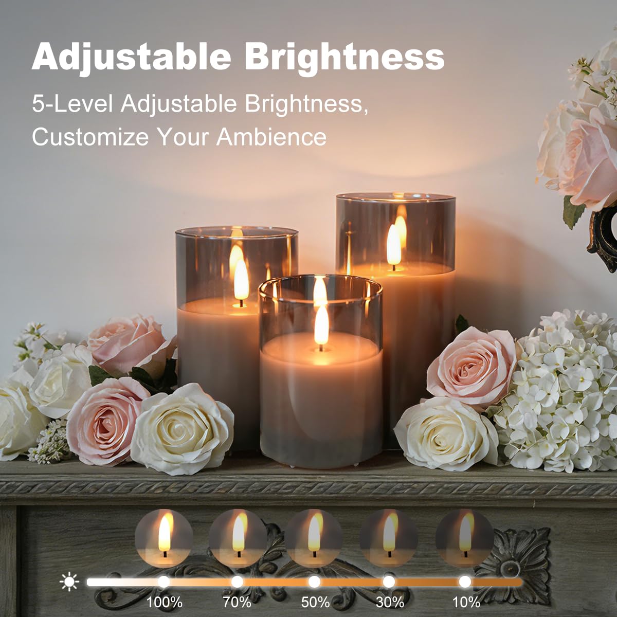 NICE POINT Rechargeable Flameless Candles, Flickering LED Flame Pillar Glass Fake Candles with Remote and Timer,Real Wax Flameless Candles for Living Room, Bedroom & Holiday Décor(Gray)