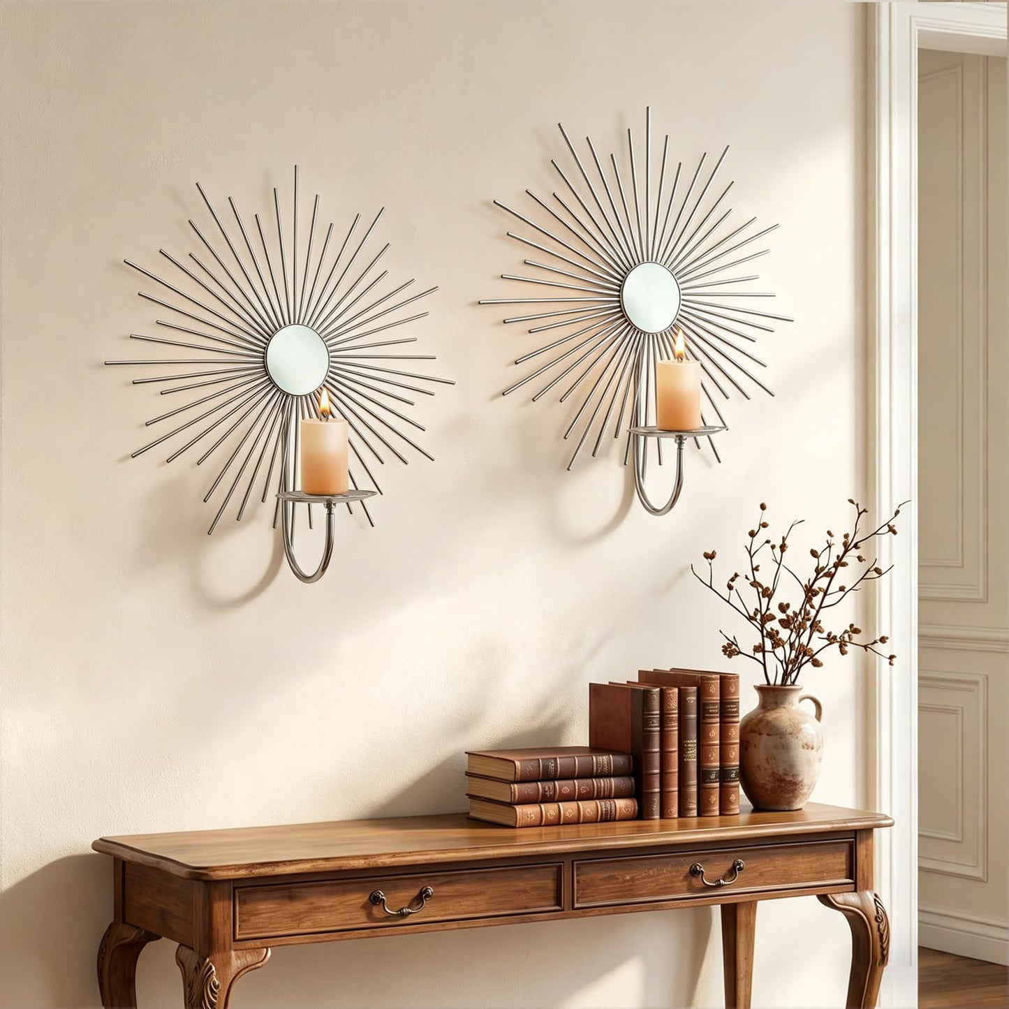 Sxnzequnze 2 Set Candle Sconces Wall Decor for Living Room Metal Sunburst Mirrored Modern Gold Wall-Mounted Candle Holder Sconces Hanging Mounted Fireplace Farmhouse Wedding