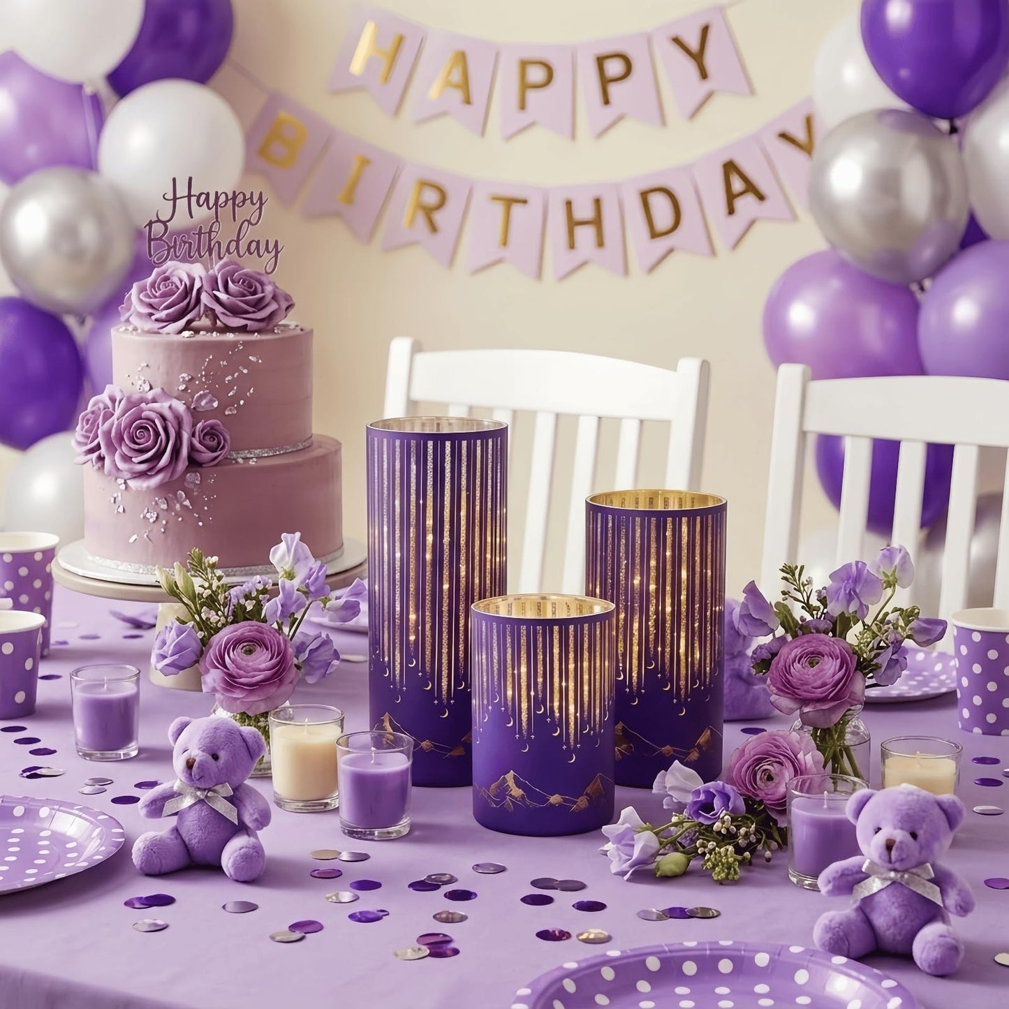 Ashroder Starry Night Elegant Hurricane Candleholders with LED Flickering Lights & Remote Timer, Decorative Glass Hurricanes for Indoor Table Centerpieces & Year-Round Home Decor, Set of 3 (Purple)