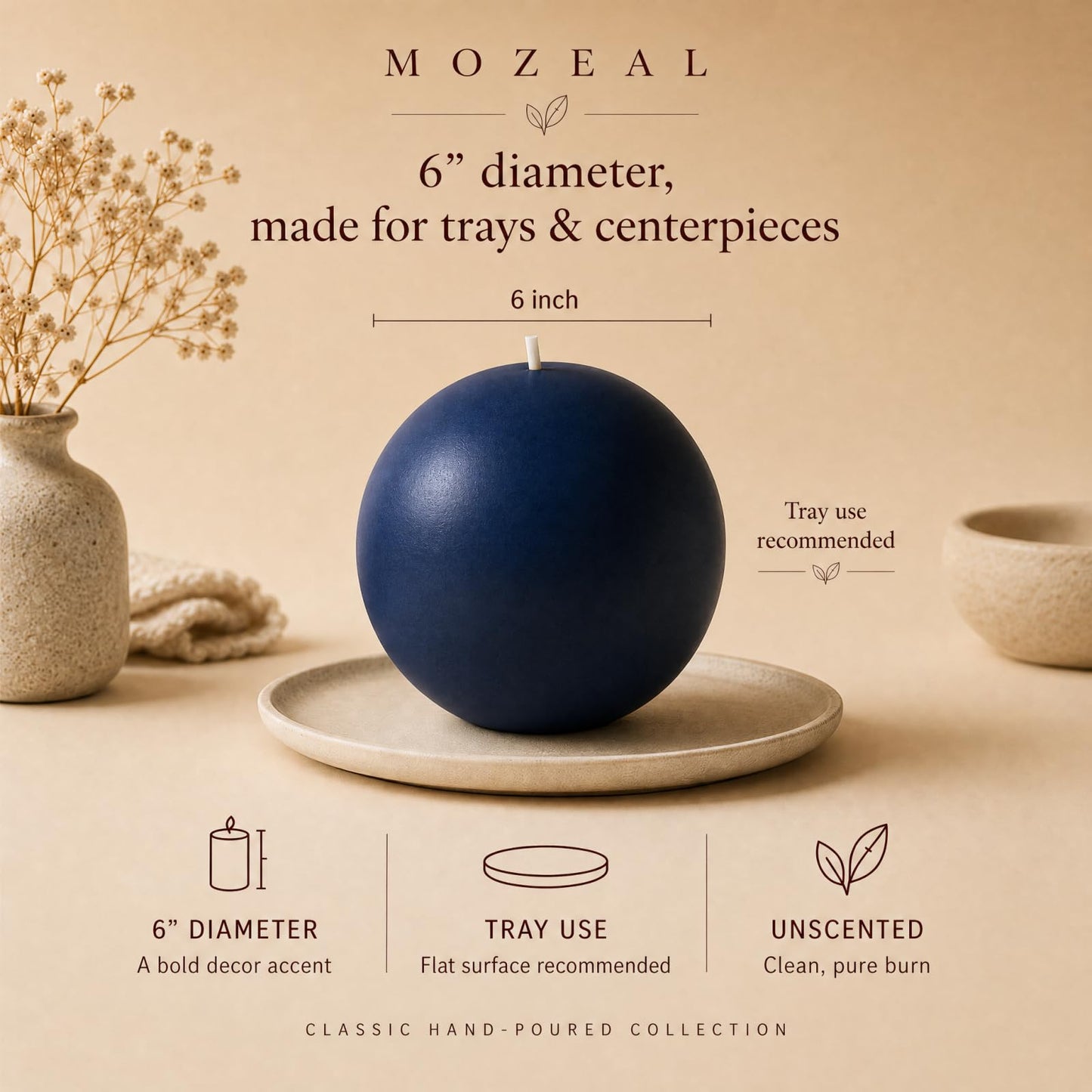 MOZEAL Hand-Poured, 6 Inch Navy Blue Large Round Ball Candles - Elegant Navy Blue Round Pillar Candles, Dripless, Unscented, Smokeless, Ideal for Formal Events.