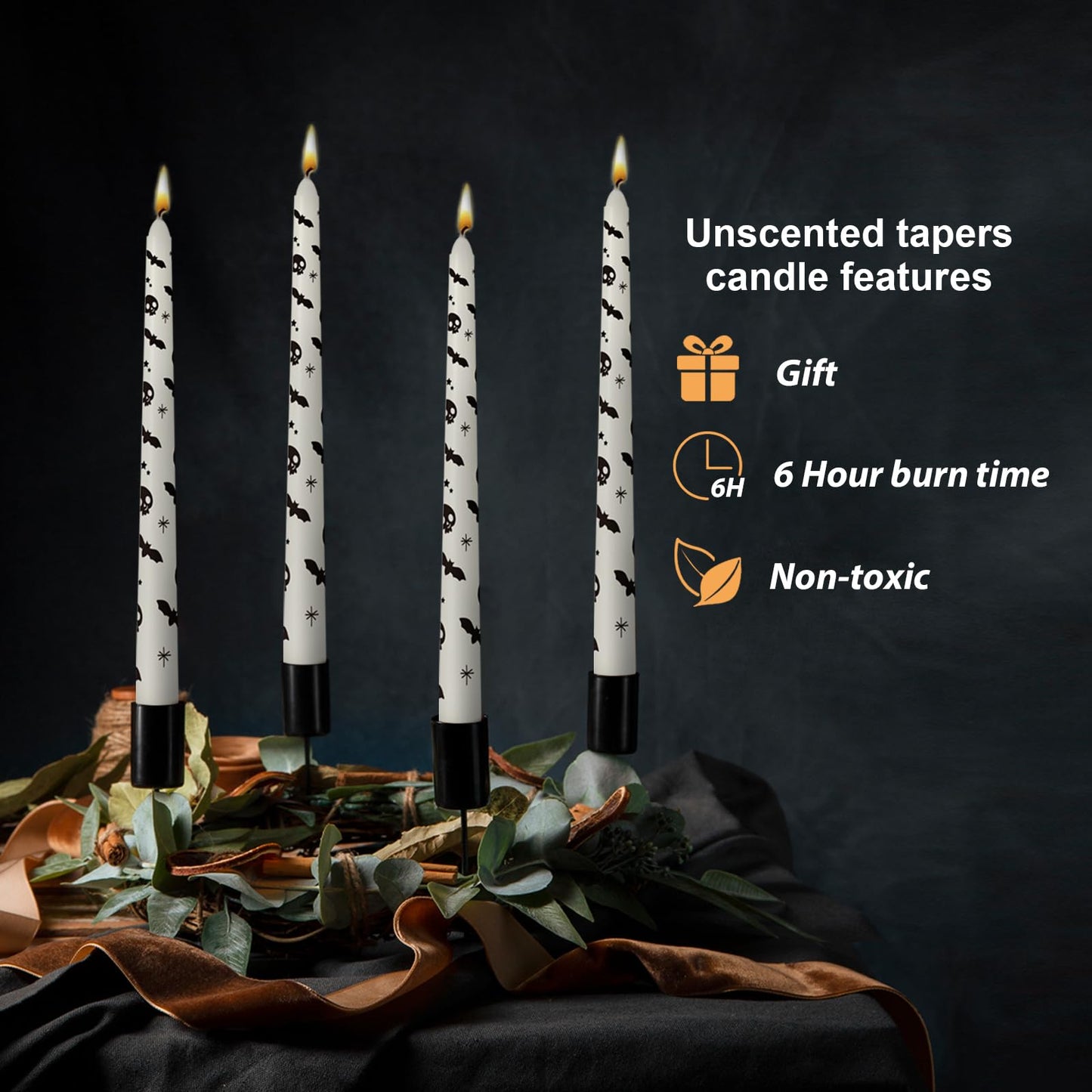 6 Pack Printed Taper Candle Set for Halloween Home Decoration, 10 Inch Ivory Candlesticks with Bat & Skull Pattern Pattern for Dinner Holiday Seasonal Celebration, Dripless and Smokeless Candles
