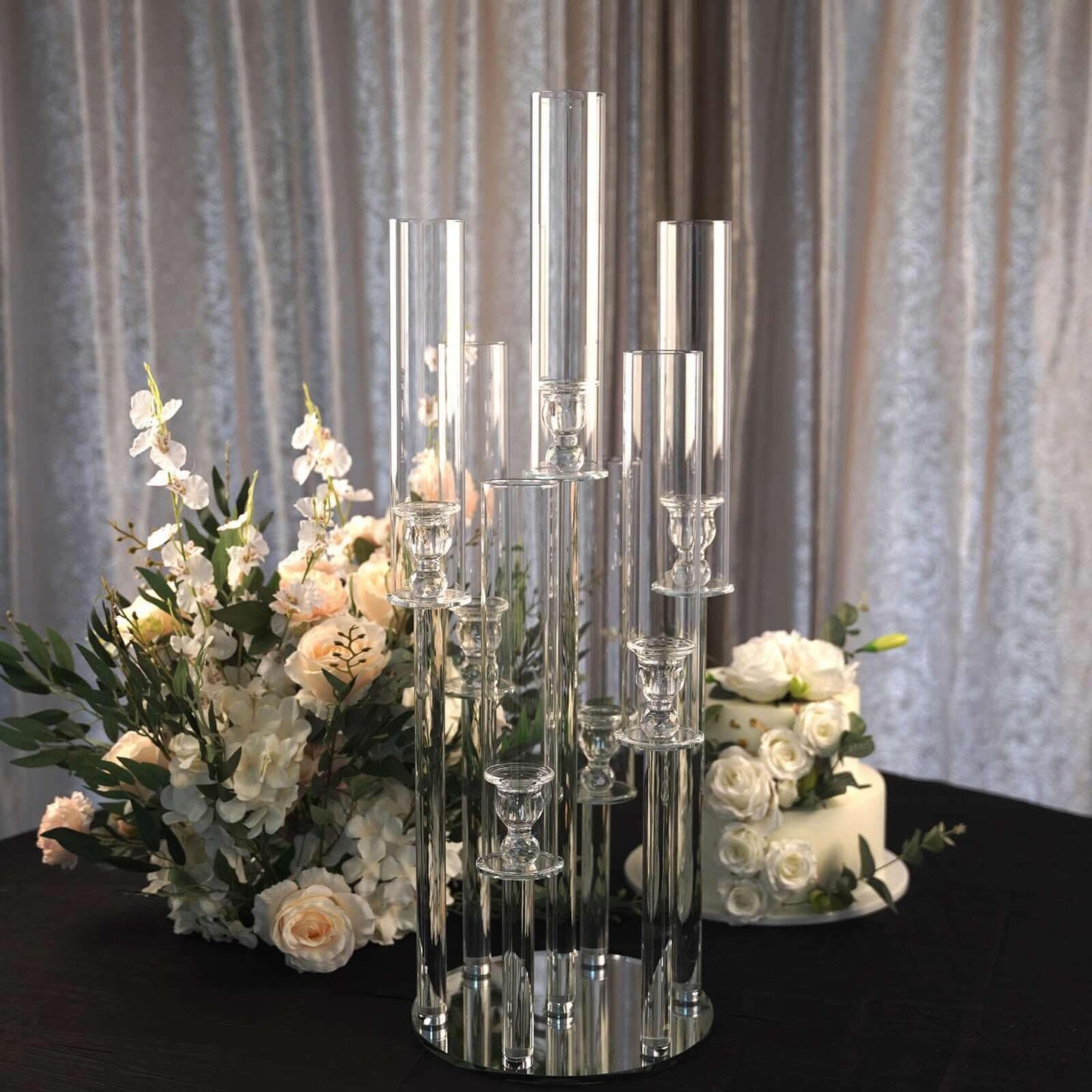 Efavormart 33" Tall - 7 Arms Clear Crystal Cluster Round Candelabra, Pillar Candle Holders with Mirror Base - Perfect for Birthdays, Weddings, Table Decoration, Event Decoration, and Centerpieces