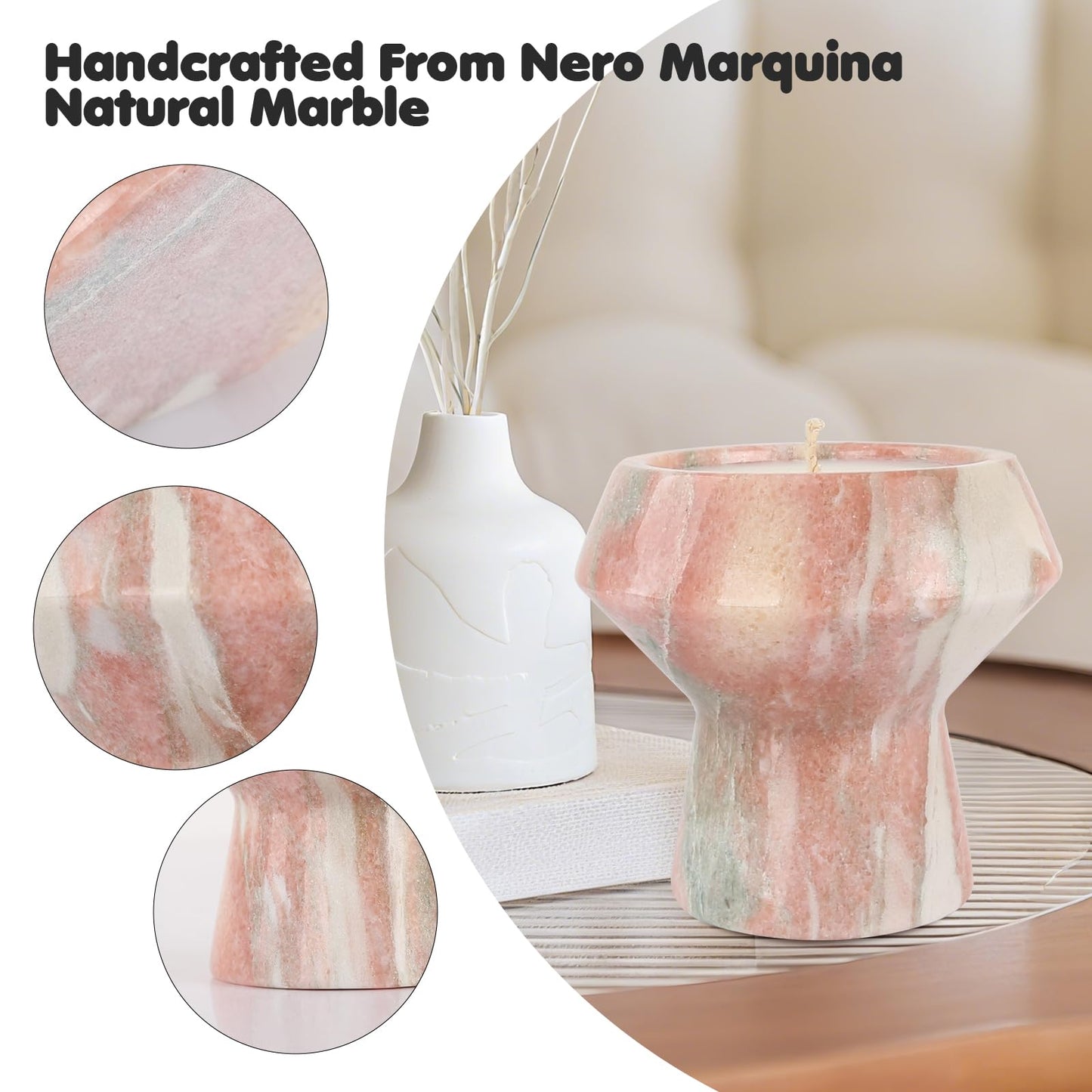 Natural Stone Candle | Handcrafted Red Marble Container | Warm Glow Home Decor |Soy Wax | Non Toxic, Cotton Wicks | Reusable Keepsake Jar | Unique Gift