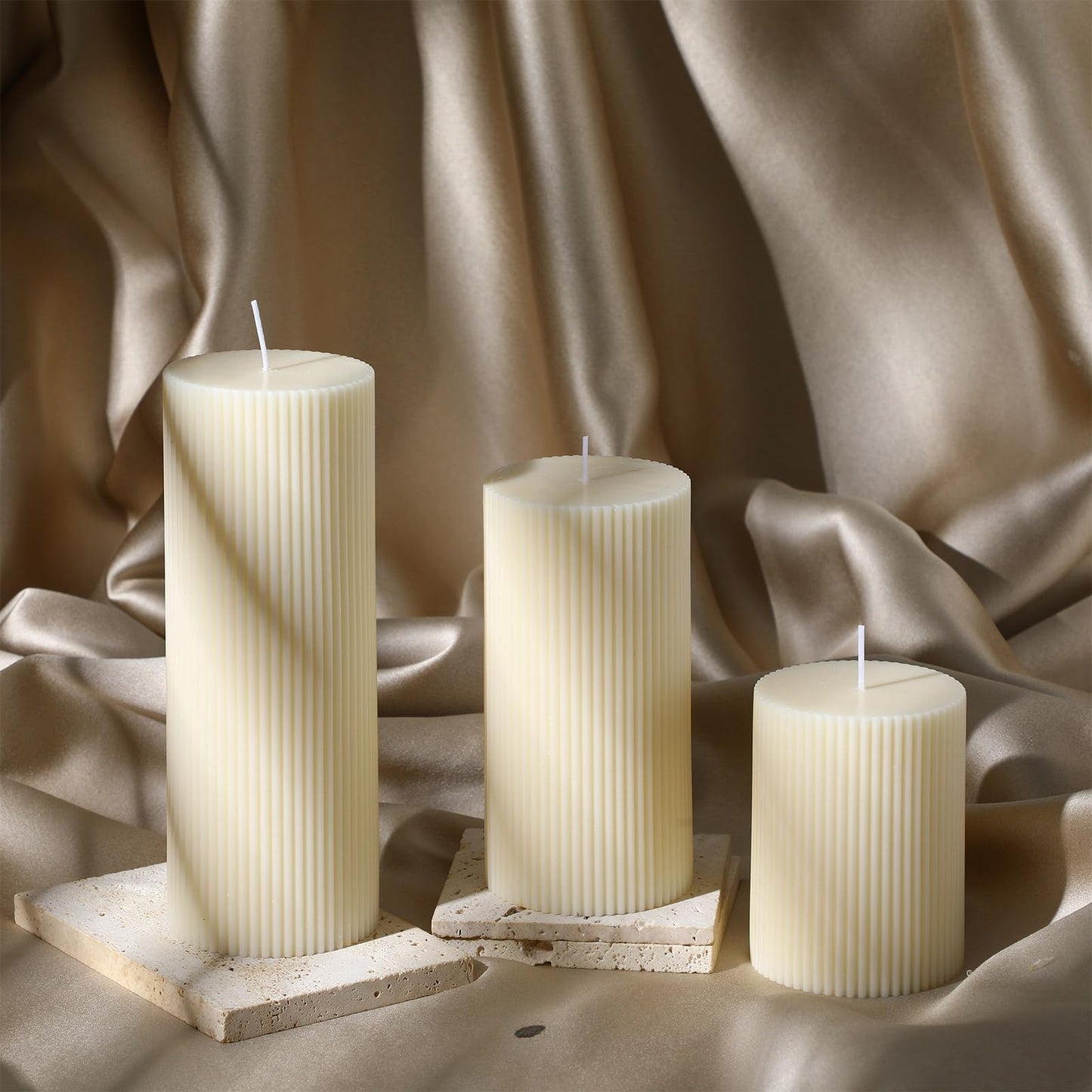 Conelist Ribbed Pillar Candles Set of 3, Width 3" High 4" 6" 8" Large Soy Wax Orchids Scented Pillar Candles Aesthetic Ribbed Modern Home Decor for Bathroom Living Room(Cream)