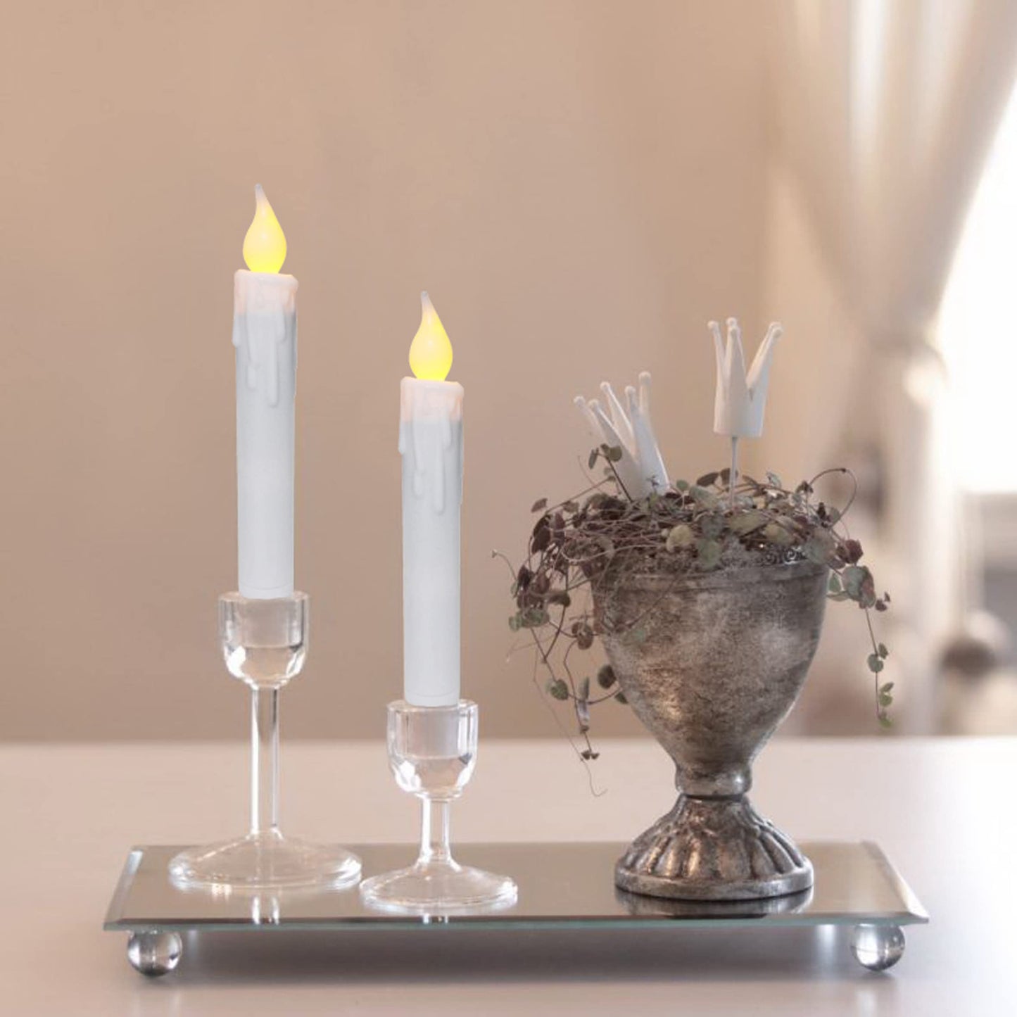 CVHOMEDECO. Flickering Taper Candles LED Drip Flameless Candles, Battery Operated with Timer, White, 6-3/4 Inch, Set of 2