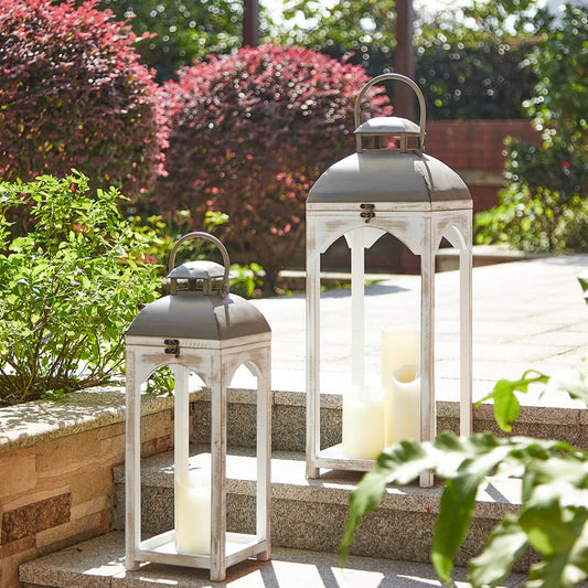 Glitzhome Lanterns Decorative Indoor, 2 Pack Mondern Farmhouse Candle Lanterns,Wooden Hanging Lanterns with Metal Top Floor Candle Lanterns for Home Décor, Weddings, Parties, Holiday (No Glass)