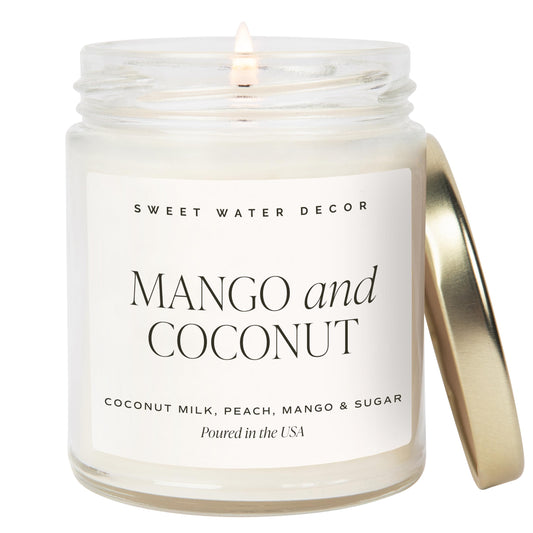 Sweet Water Decor Mango & Coconut Soy Candle - Pineapple, Mango and Orange Scented Summer Candles for Home - 9oz Clear Jar + Gold Lid, 40+ Hour Burn Time, Made in The USA