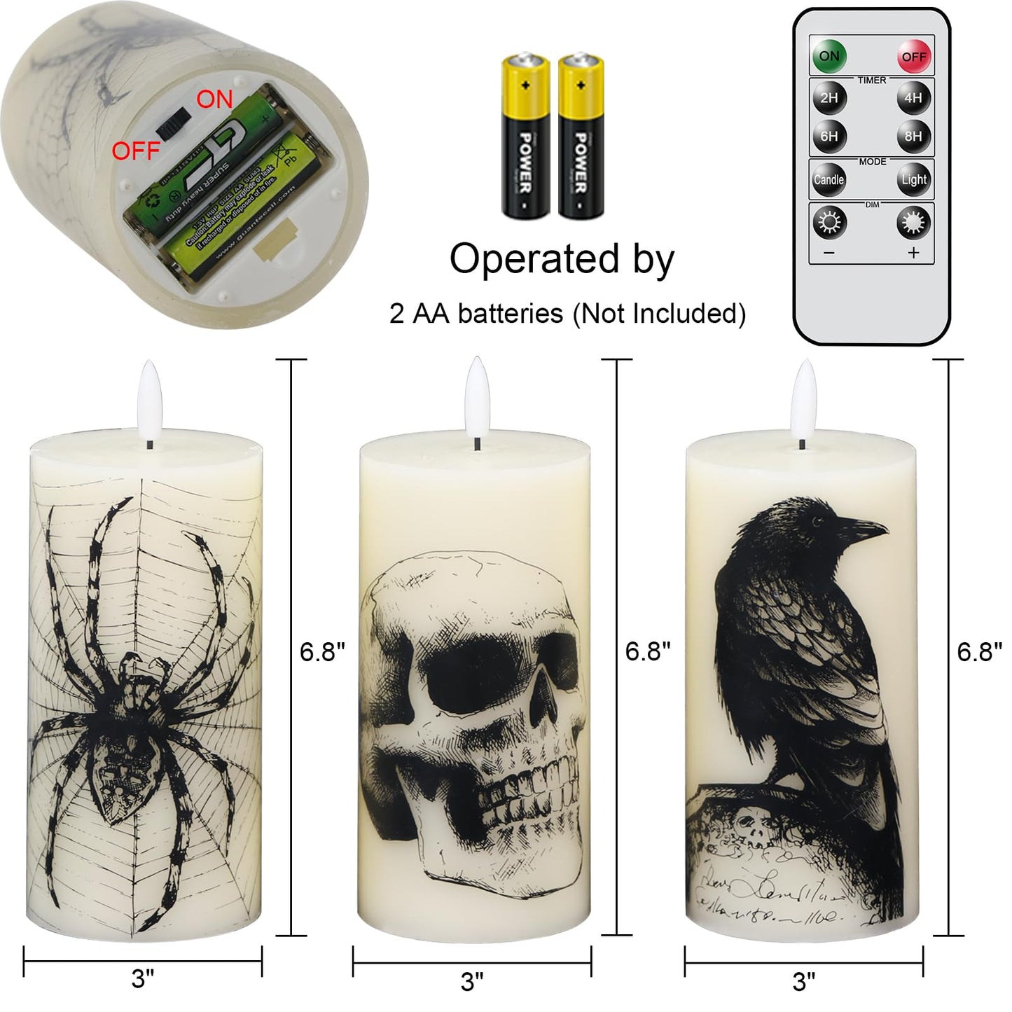 Eldnacele Halloween Flickering Candles Remote with Skull, Spider Web, Crow Raven Decals Set of 3, Battery Operated Halloween Themed LED Candles Horror Spooky Decoration