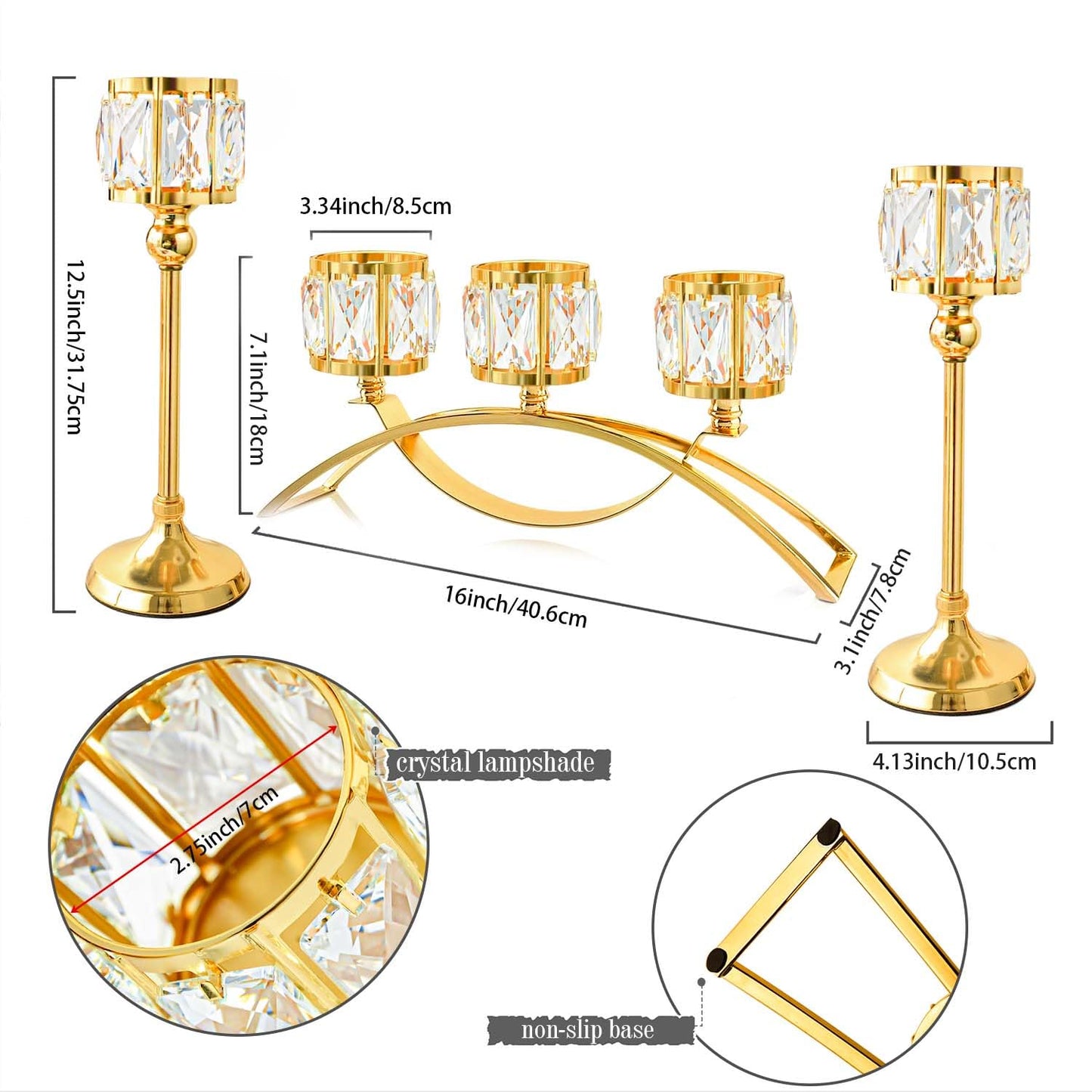 3 Arms Crystal Bowl Tealight Candelabra Votive Candle Stand, Wedding centerpieces for Tables Crystal Candlestick，Centerpiece Table Decorations (Set of 3 Pure Gold)
