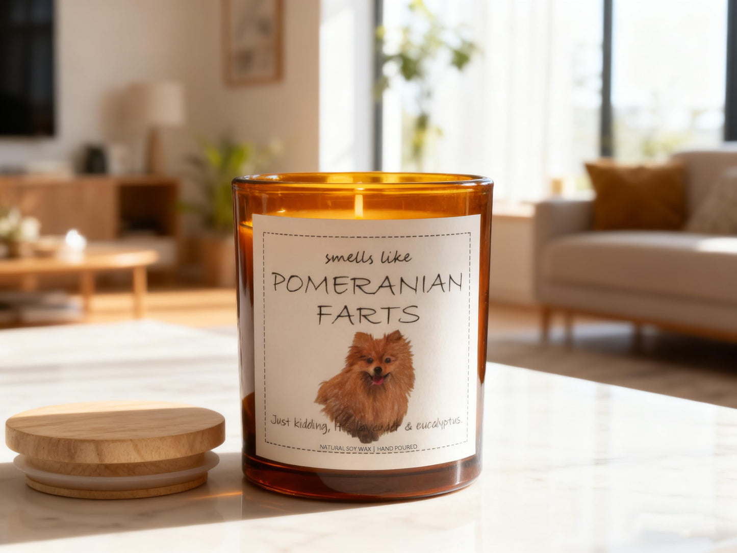 Pomeranian Gifts & Decor, Dog Mom Gift for Women, Smells Like Pomeranian Farts Candle - Lavender & Eucalyptus, Crafted by Natural Soy Wax & Natural Essential Oils