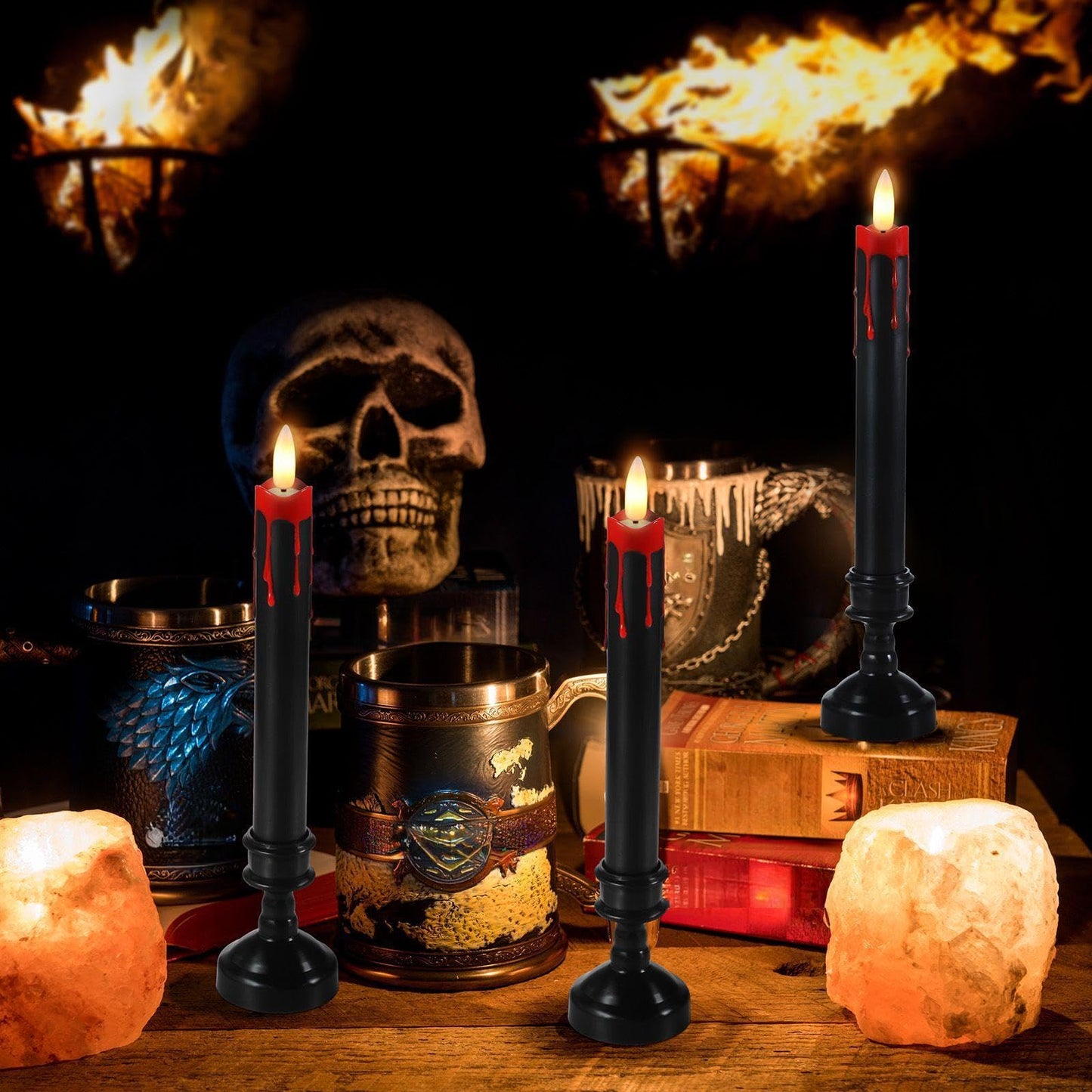 Sratte 6 Sets Halloween Blood Dripping Candle Decoration Led Flameless Candle with Candlestick Holder and Remote Battery Operate Vampire Tears Scary Creepy Decor for Indoor Home(Black Holder)