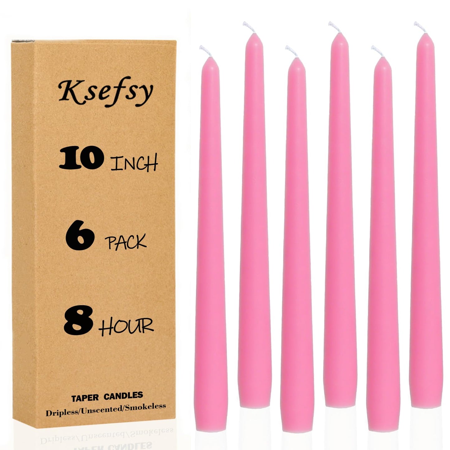Ksefey 10 Inch Pink Taper Candles Set of 6 - Dripless,Unscented,8 Hours Burn Time-Perfect for Wedding,Dinner,Party and Home Decor