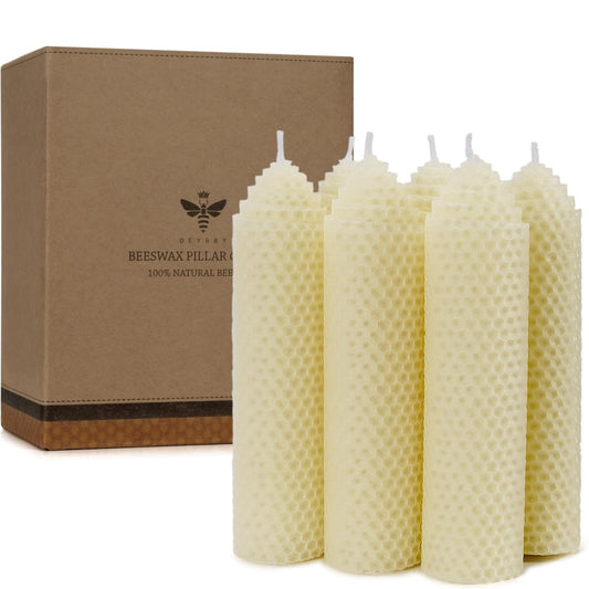 White Beeswax Pillar Candles Set of 6 - Handmade Pure Beeswax Rolled Candles for Gift & Home Decor (1.5×6 in)