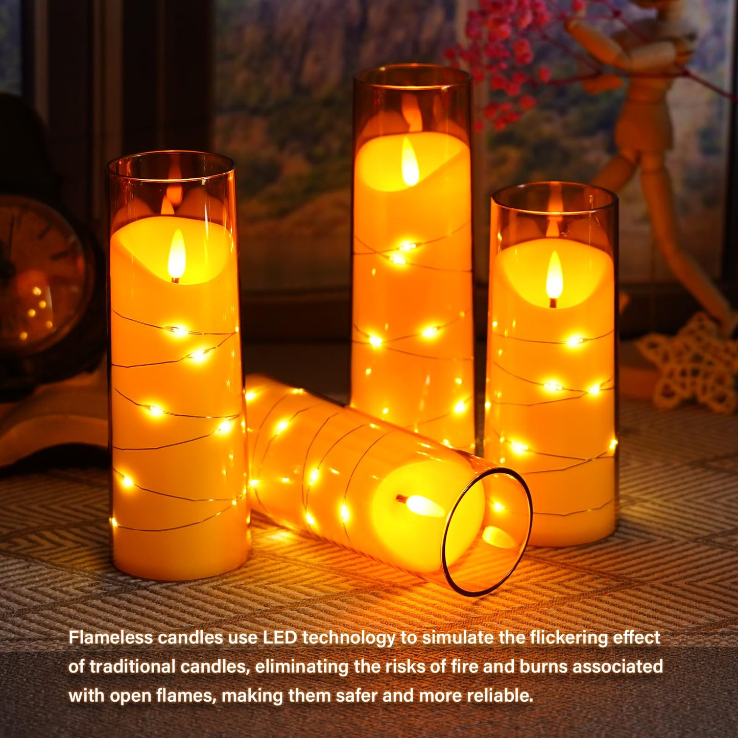 Eebuss Flameless Candles with Embedded Star String, Battery Operated LED Pillar Candles with Timer and Remote Control,Home Decorating for Ambiance， Set of 9 (Gold)