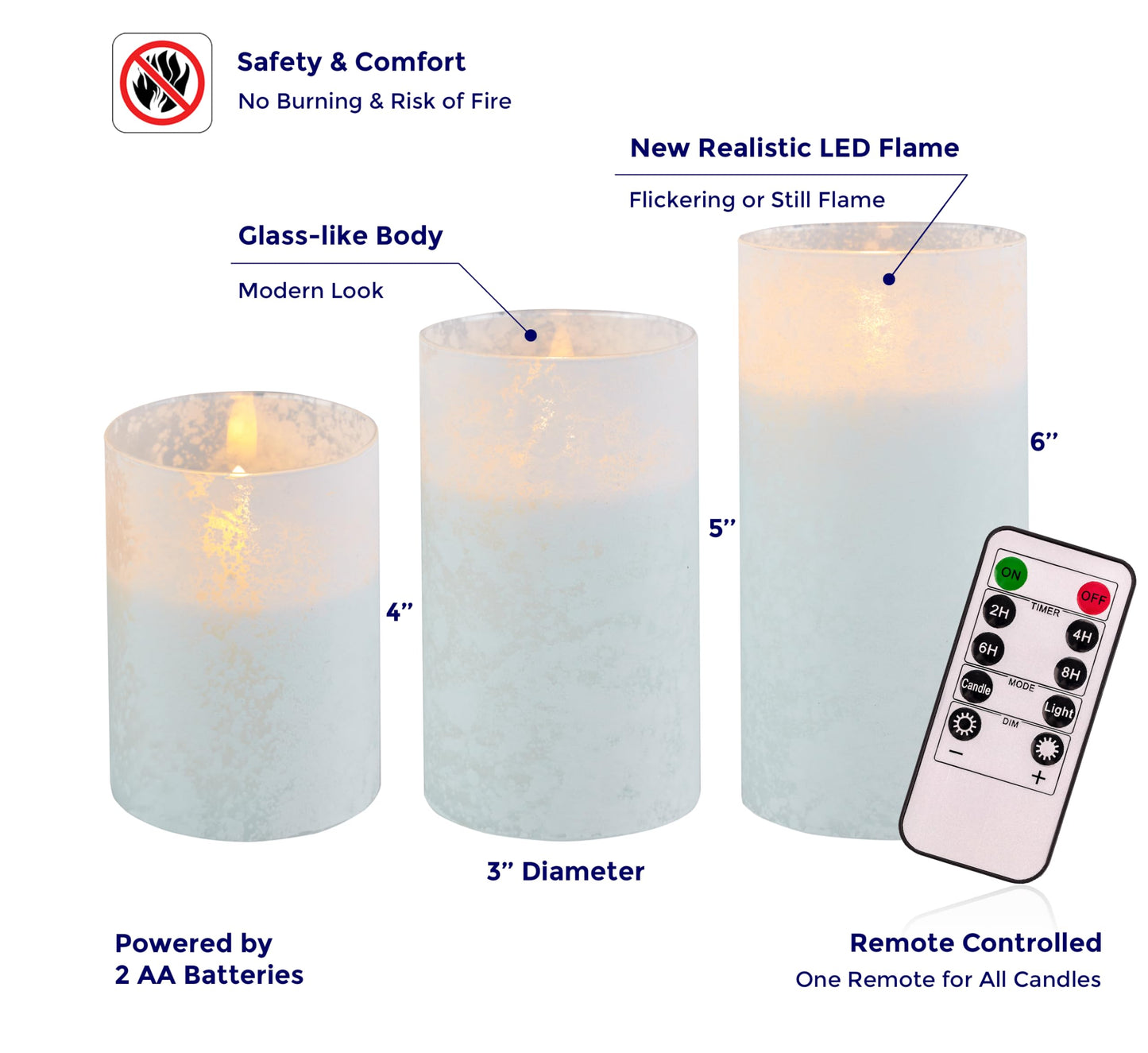 VENTA Frosted Glass LED Candles, Set of 3 | Warm Amber Flickering Pillar Candles with Remote | Creates Cozy, Relaxing Hygge Ambiance for Bedroom & Living Room