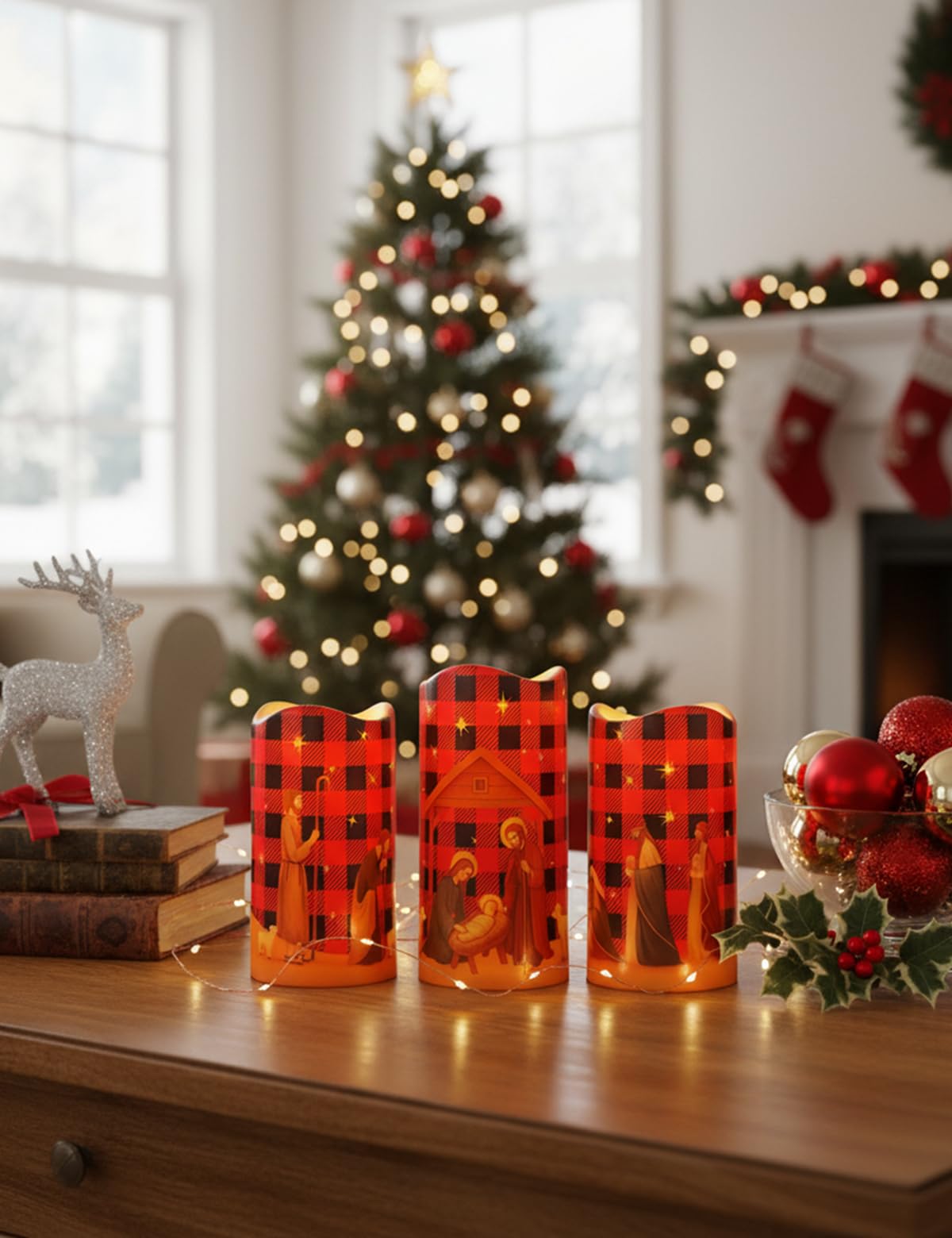 Glflickerow 3Pcs Christmas Red and Black Nativity Scene Flameless Candles LED Pillar Jesus Religion Candle Battery Operated with Timer for Xmas Christian Holiday Table Home Decor Church Party