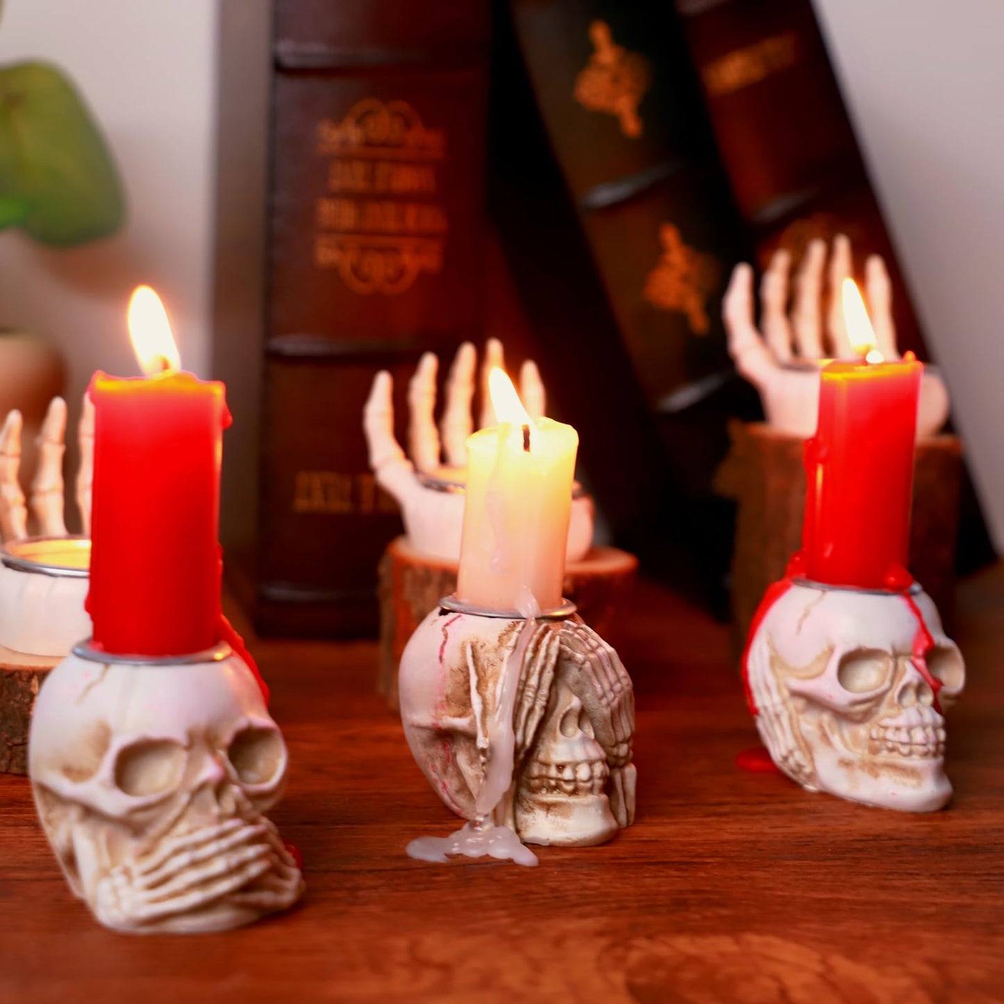Gothic Skull Taper Candle Holders, 3pcs - See No Evil, Hear No Evil, Speak No Evil, Halloween Candle Holders, Horror-Themed Spooky Home & Halloween Decorations