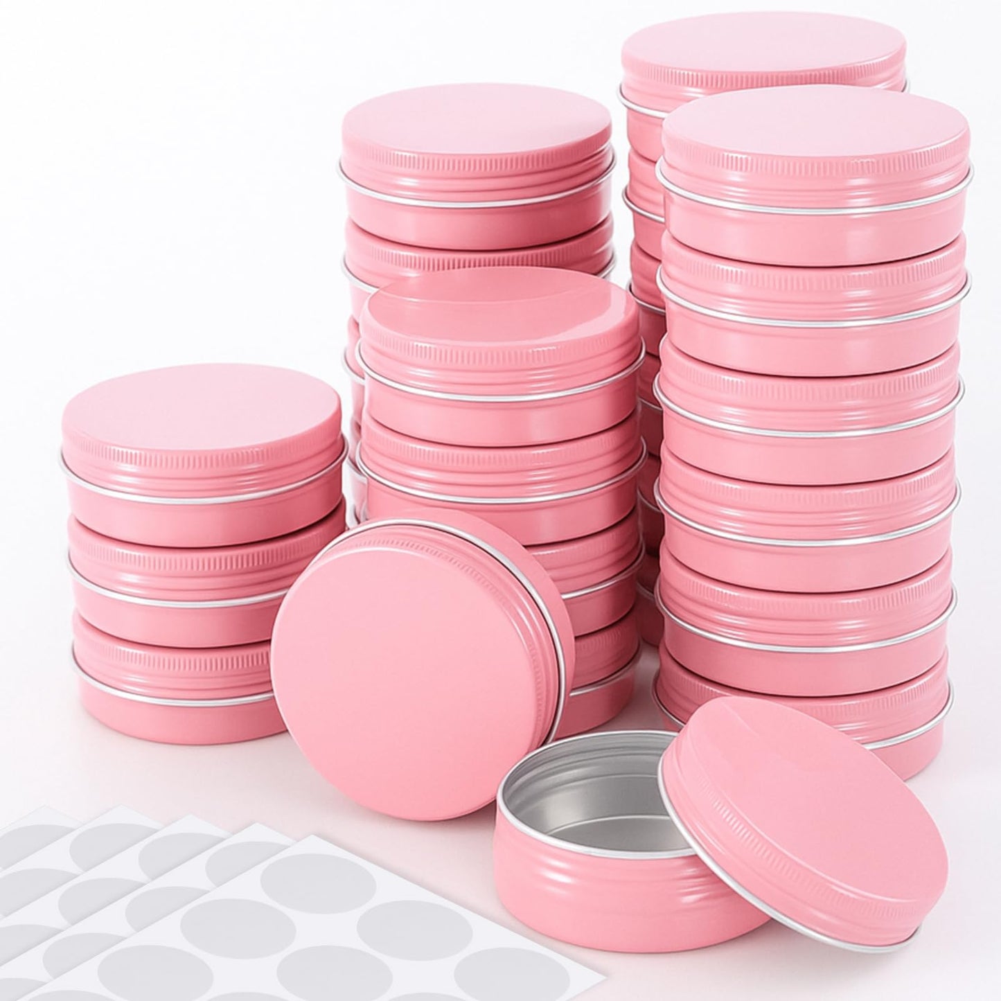 Patelai 2 oz Pink Metal Round Tins Aluminum Tin Cans Salve Tins Containers with Screw Lid 10 Sheets Stickers for Salve Spice Candies Balms Candles, 36 Pack (Classic Style)