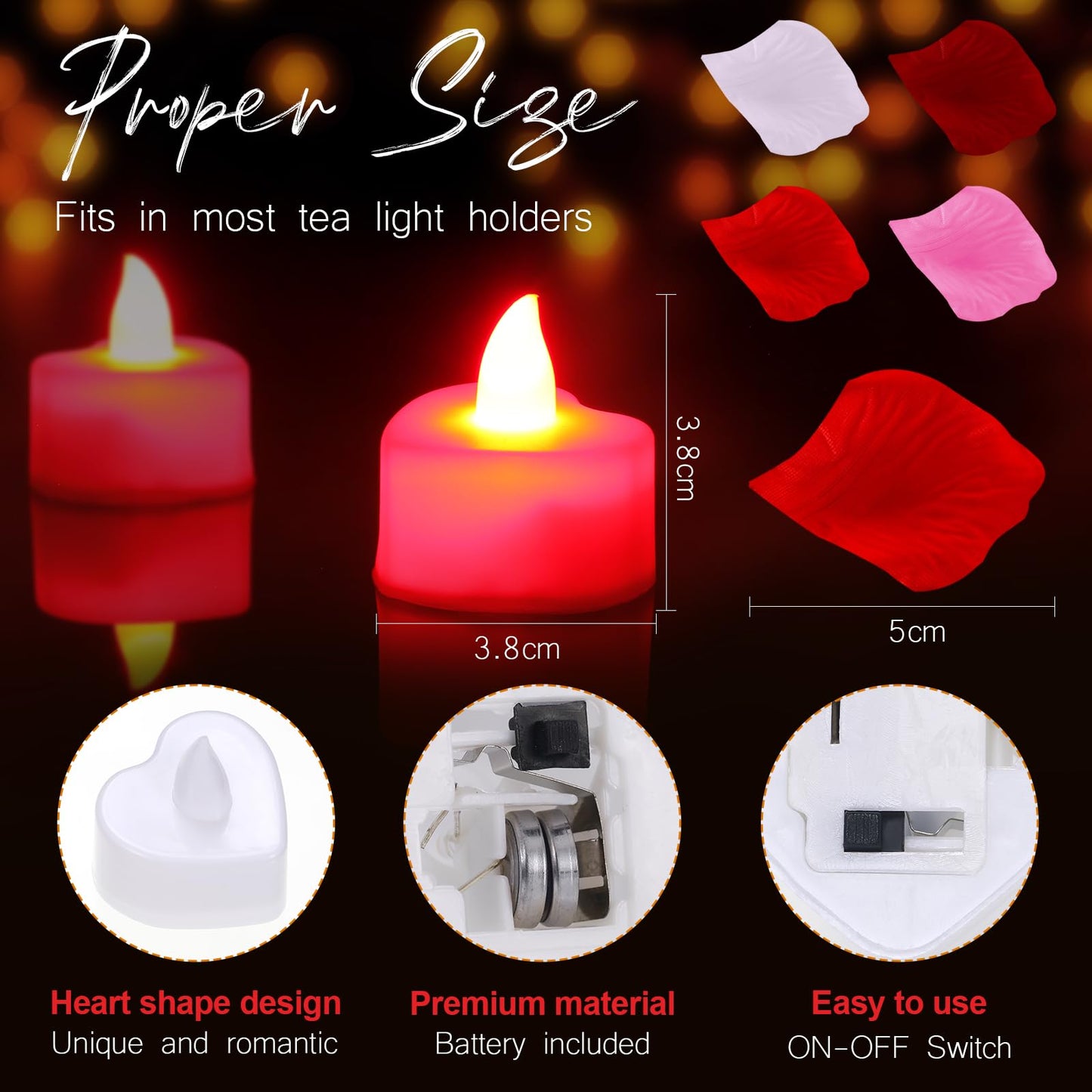 Honoson 1000 Pieces Artificial Rose Petals with 24 Pcs Flameless Heart Shaped LED Tealights Candles Special Romantic Night Decorations for Proposal Wedding Anniversary Table Decor(White with Red)