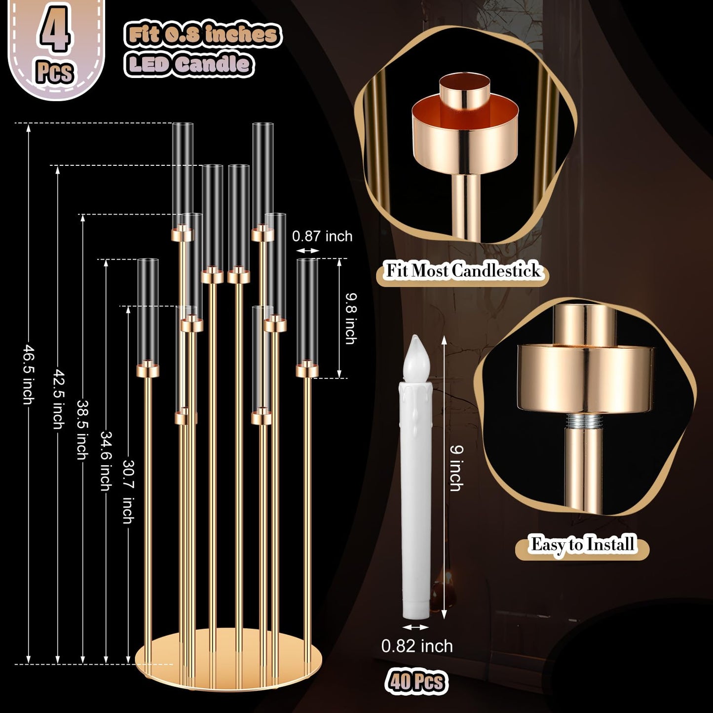 Tandefio 4 Pcs 10 Arm Wedding Gold Candelabra Floor Centerpieces with 40 LED Candle 46.5'' Tall Candlestick Metal Holder with Lampshade Fit 0.8 for Ceremony Party Dinner Table Easter Birthday Holiday