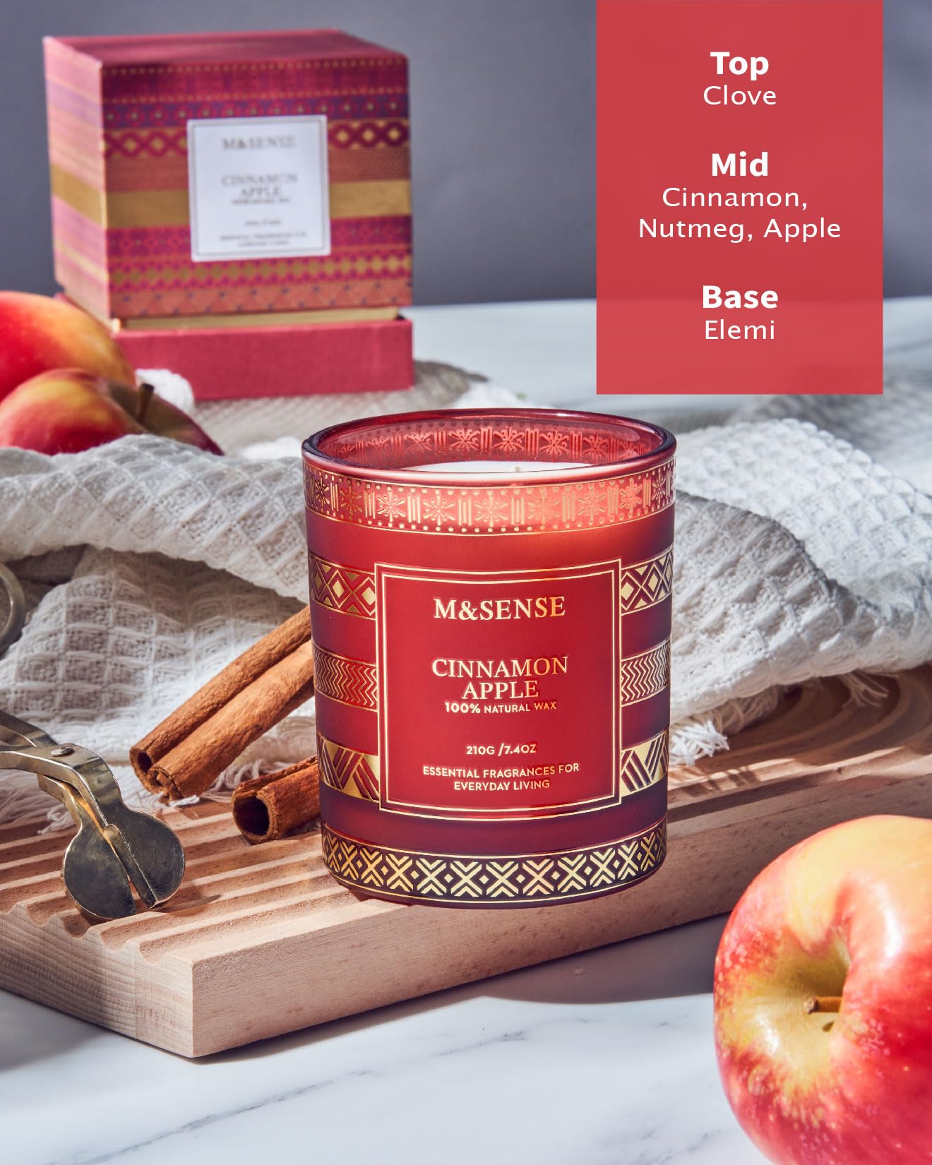 M&SENSE Cinnamon Apple Christmas Soy Candle, Natural Non Toxic 7.4oz 45 Hour Long Burning, Winter Luxury Holiday Candle for Home Scented, New Year Gifts for Men & Women