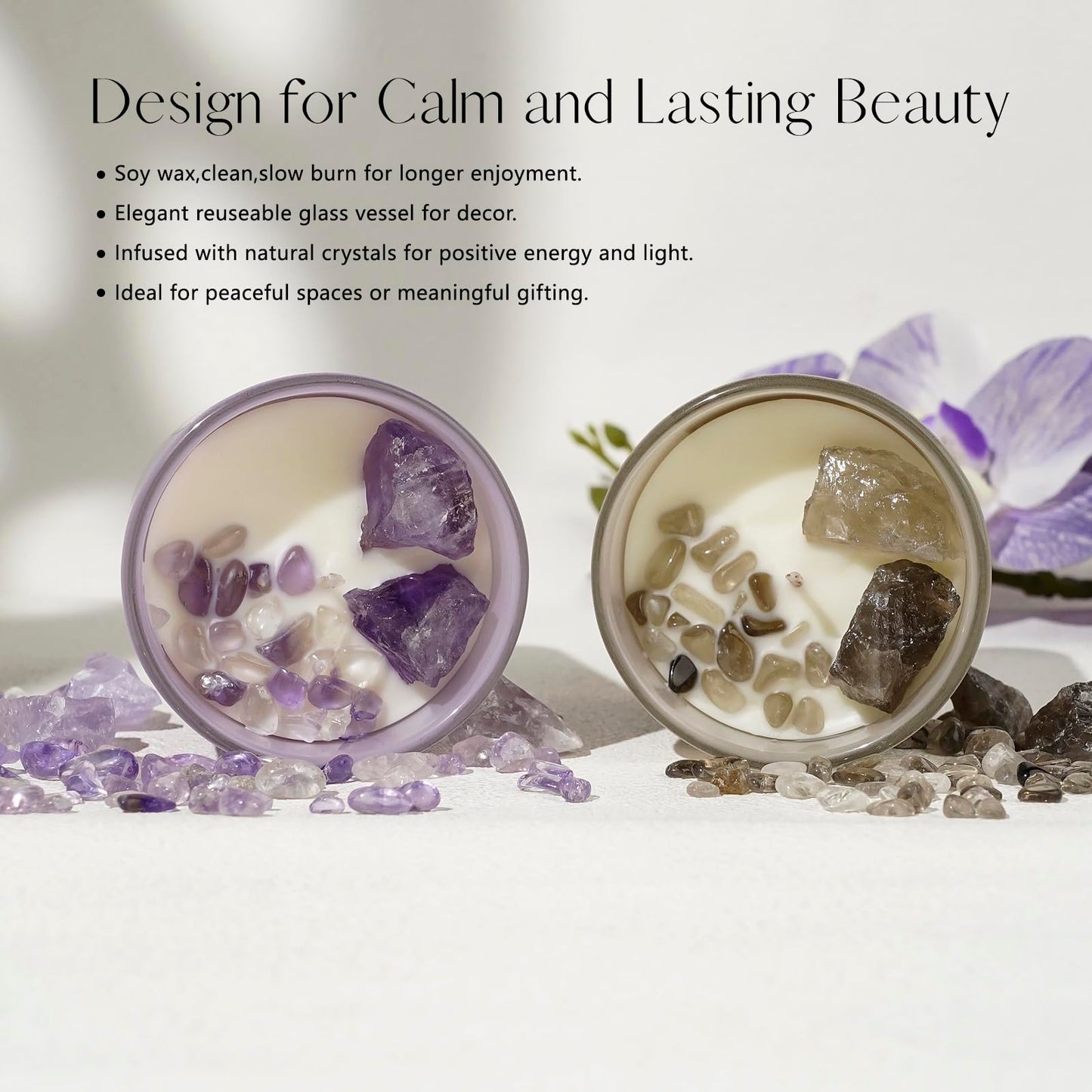 AvaConcept Healing Crystal Candle Gift Set – Amethyst & Smoky Quartz | Hand-Poured Soy Wax Candles Lavender Vanilla & Sea Salt Driftwood Aromatherapy Natural Crystals Infused Set of 2/5.3oz Each