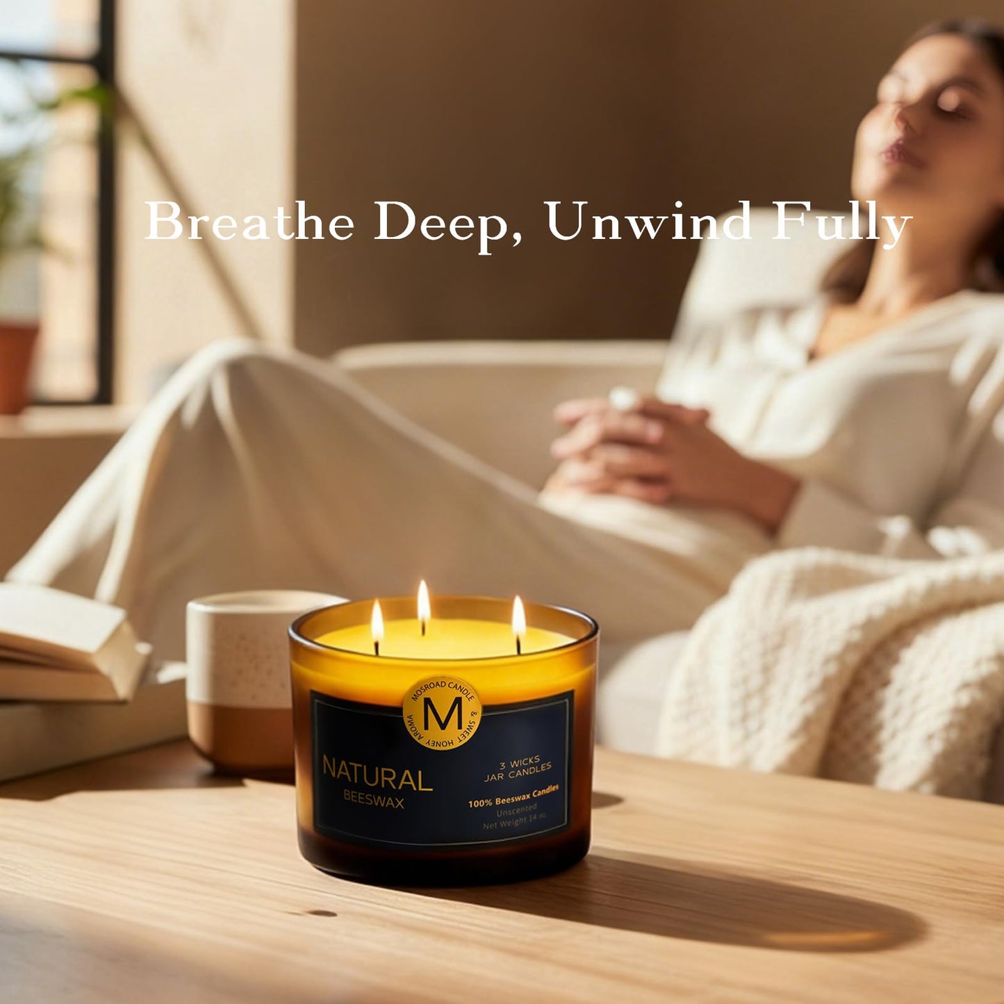 3 Wick Beeswax Candle in Jar, Natural Beeswax Candles Non Toxic for Air Purification, Honey Aroma Bees Wax Jar Candle for Home Decor, Fragrance Free, Paraffin Free