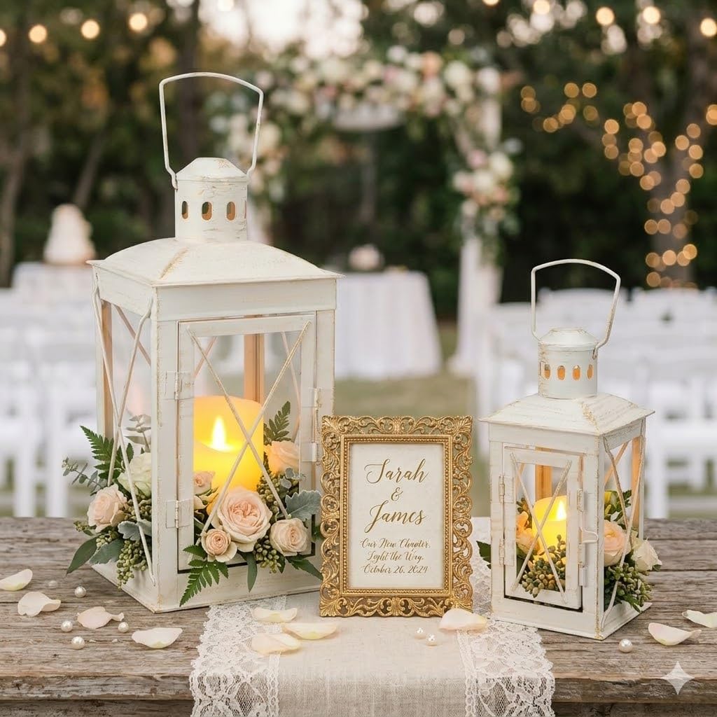 TRIROCKS Set of 2 Decorative Candle Lantern 12'' & 8'' High Metal Candle Holder Hanging Lantern Perfect for Home Decor Patio Living Room Parties Events Tabletop Indoors Outdoors (White)