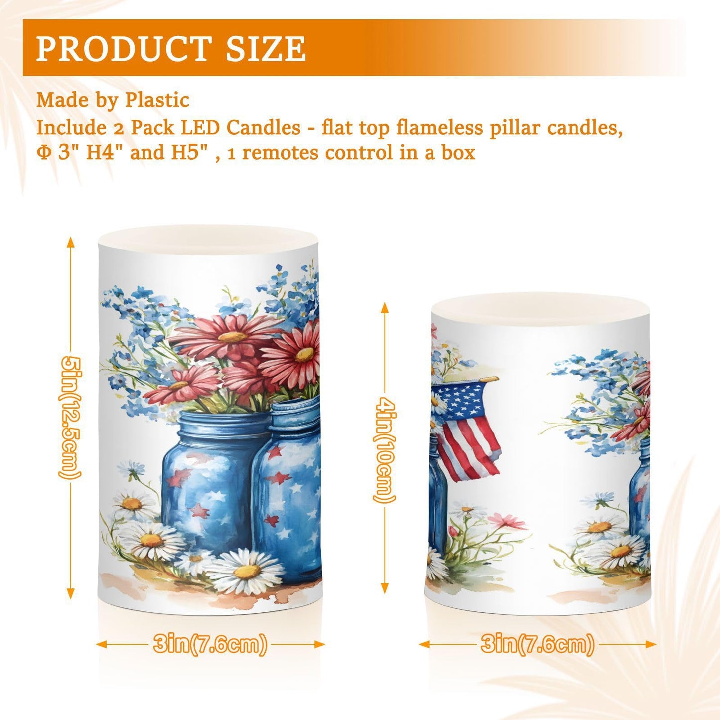 Patriotic Red Blue Flowers Vase American Flag5 Flickering Flameless Candles Battery Operated with Remote Timer,Tea Light Candles LED Pillar Votive Candles set of 2 for Outdoor Indoor Decorations