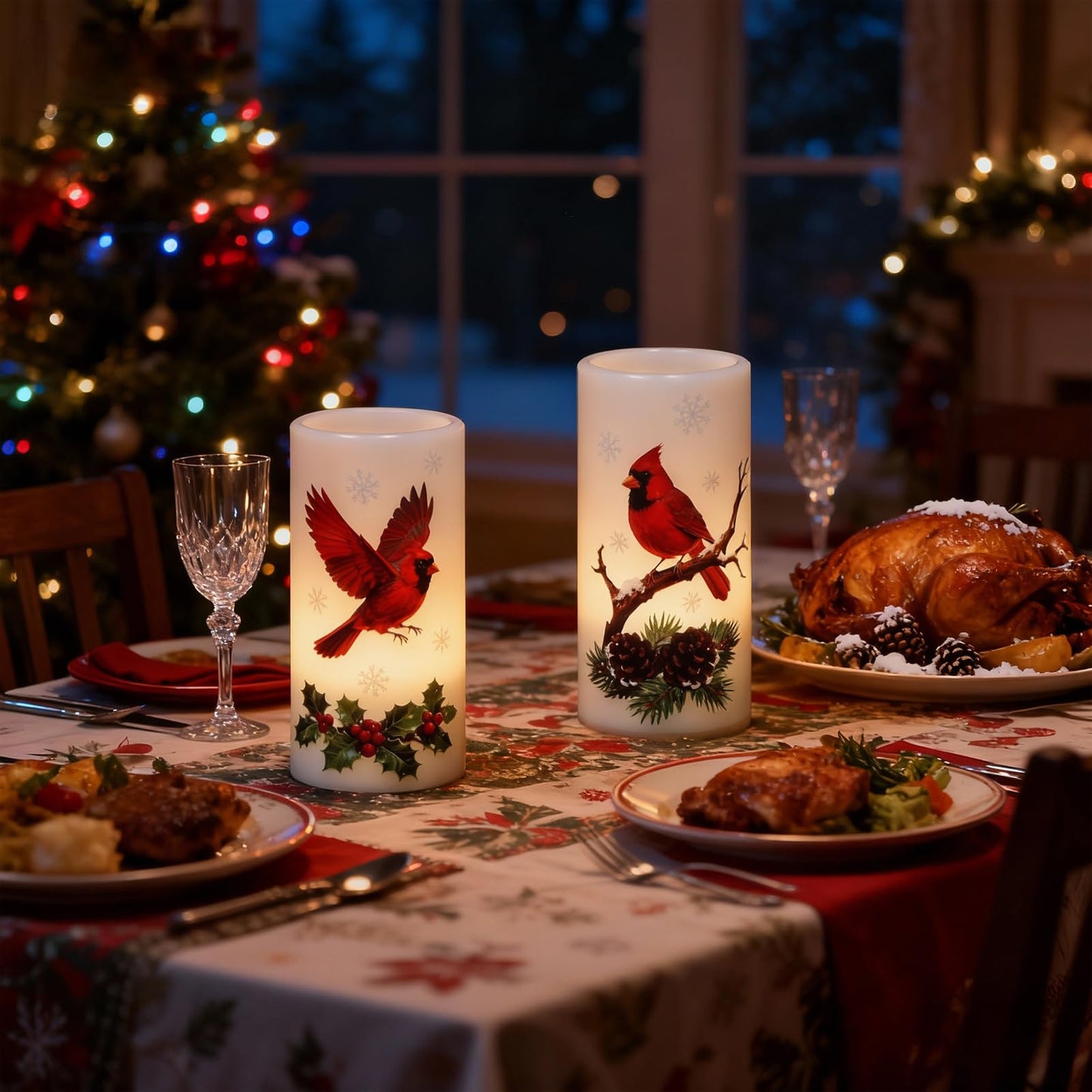 Eldnacele Christmas Cardinal Flameless Candles Battery Operated with Remote and Timer Real Wax Flickering LED Pillar Candles Winter Holiday Indoor Decor(2 Pack, 3" D x 6" H)