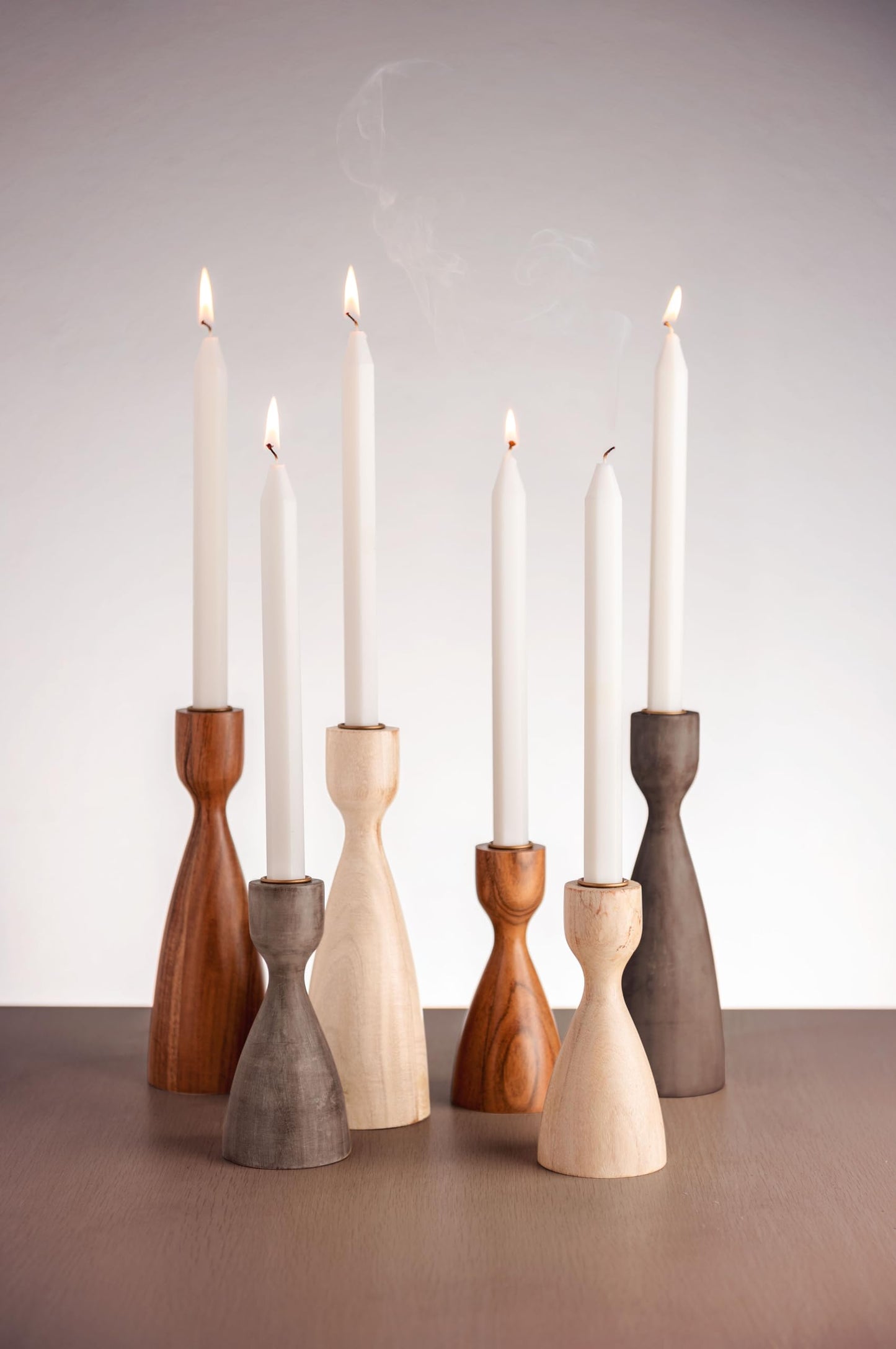 Karma, Acacia Wood Turned Candle Holder, Wooden Rounded Turned Candle Holders, Large Natural