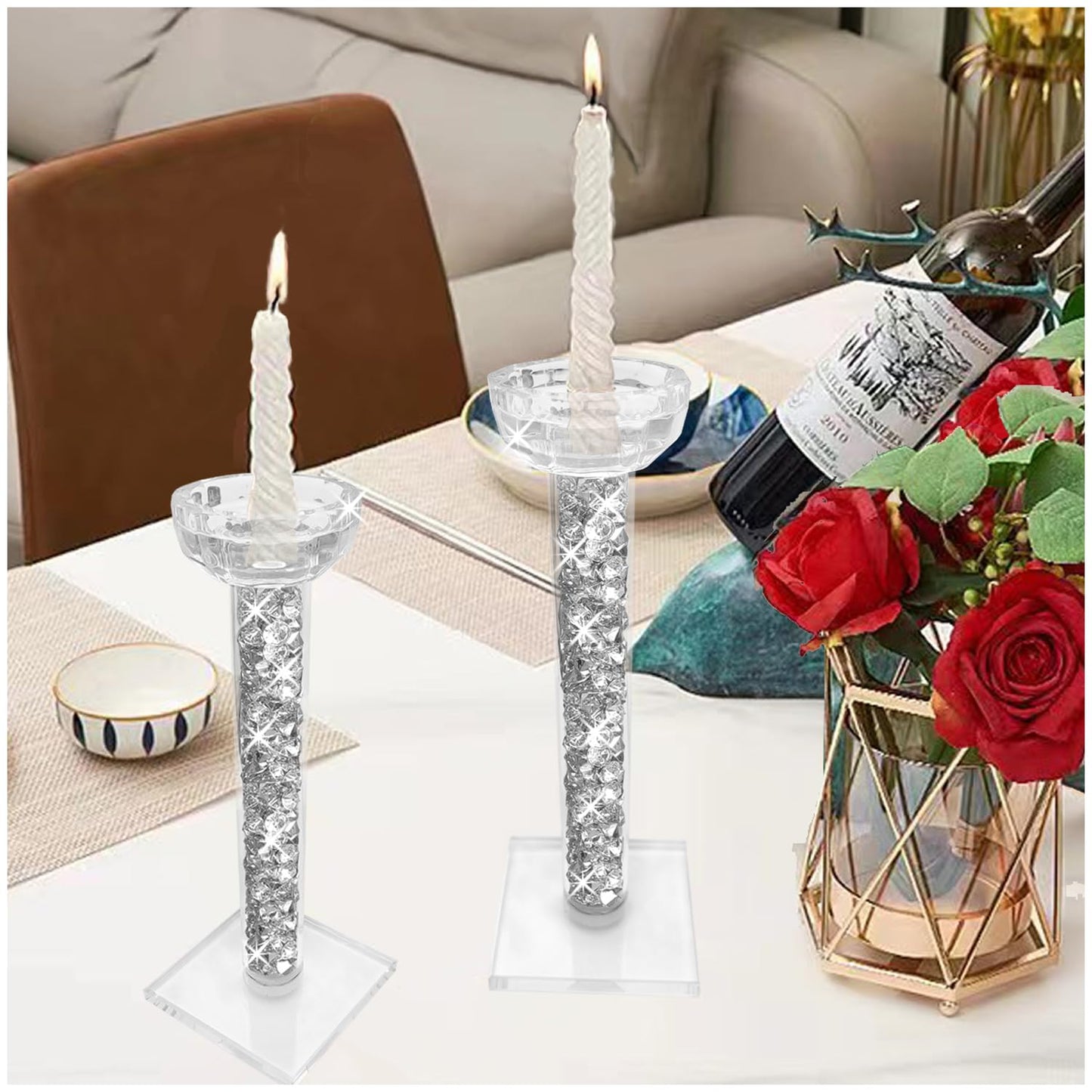 Wocred Candle Holders Set of 2.Stunning Shabbat Candle Holders.8.6" Tall Crystal Candlestick Holders for Dinning Room,Mantelpiece.
