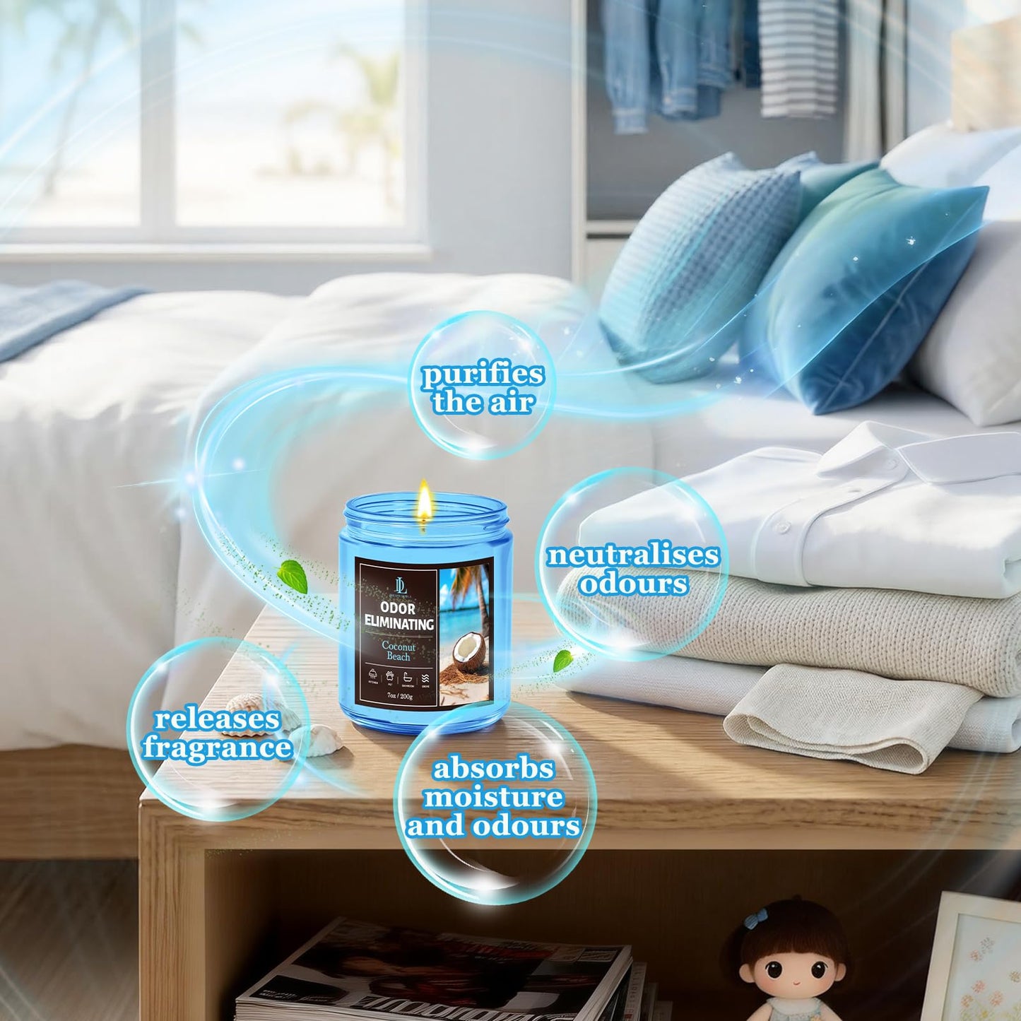 Coconut Beach Odor Eliminating Highly Fragranced Candle, Eliminates 95% of Living Room, Bedroom, Bathroom and Other Smells Quickly, Air Freshing Scented Candles, Soy Candle Gifts for Women Men, 7oz