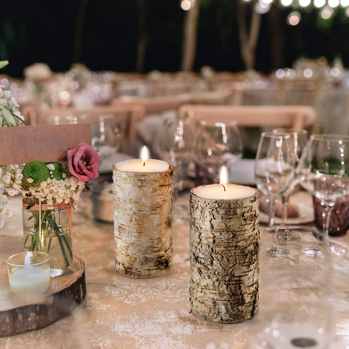 Serene Spaces Living Birch Bark Candle, Set of 3 Medium, Pillar Candle, Ideal for Weddings, Parties, Events, Restaurants, Home Decor, 3" Diameter & 5.75" Tall