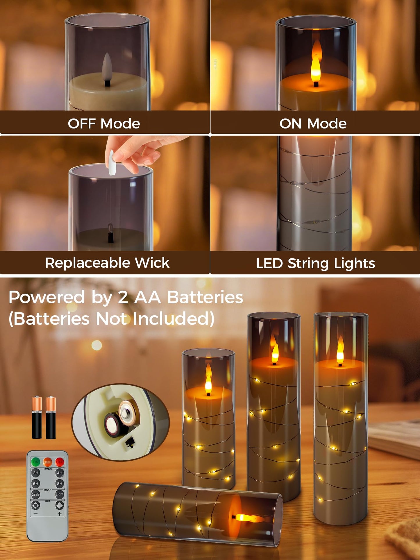 uuffoo 5 Pcs Flameless LED Candles with Timer Remote Flickering Flameless Candles with Embedded Star String, 3D Wick Acrylic Battery Operated LED Pillar Candles for Wedding Party Home Decor